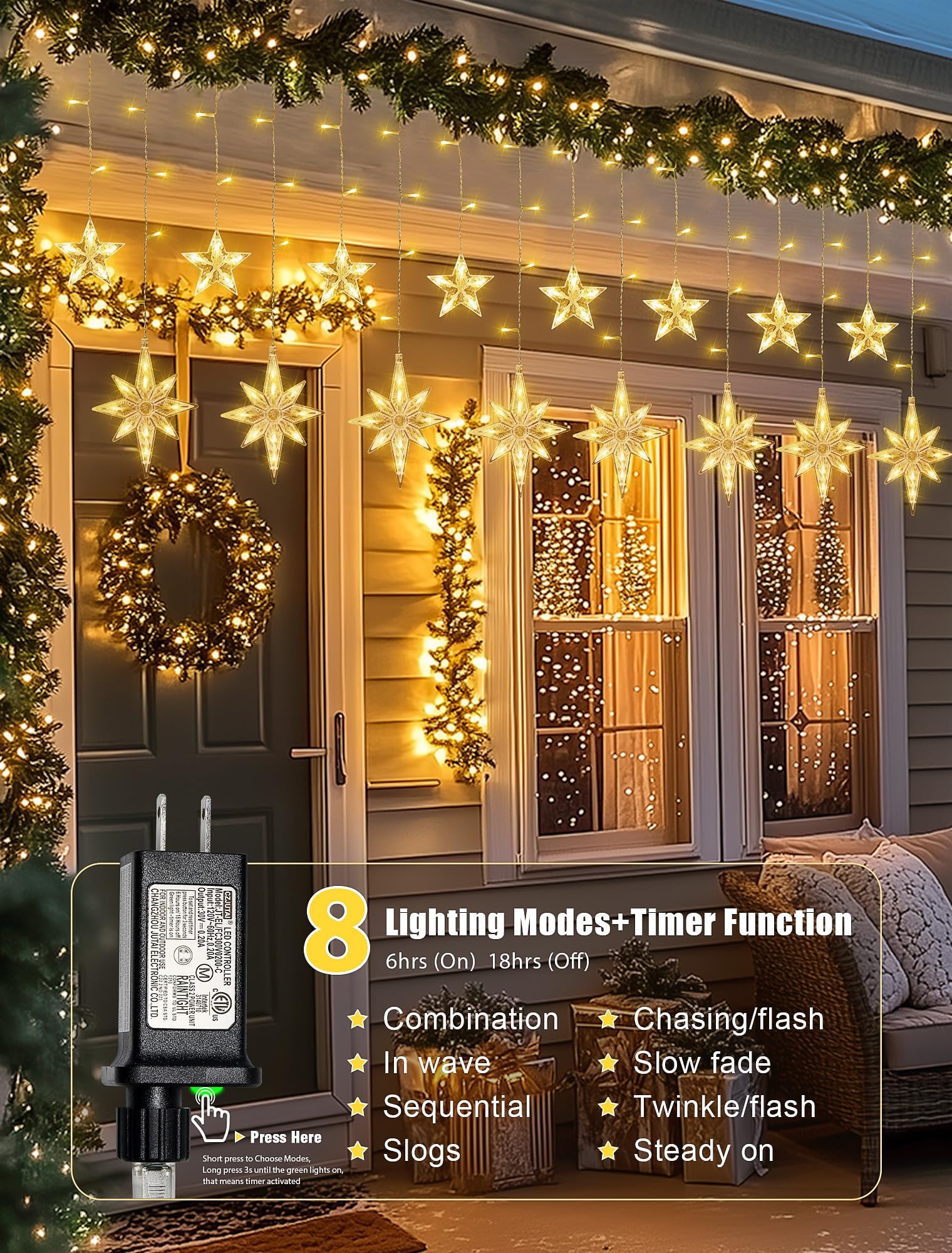 Beewin 126 Led Star Icicle Lights,7.8Ft Connectable Window Curtain Lights Plug In,8 Lighting Modes Timer Bethlehem Star Christmas Lights For Indoor Outdoor,Bedroom,Wedding,Ramadan Decor,Warm White