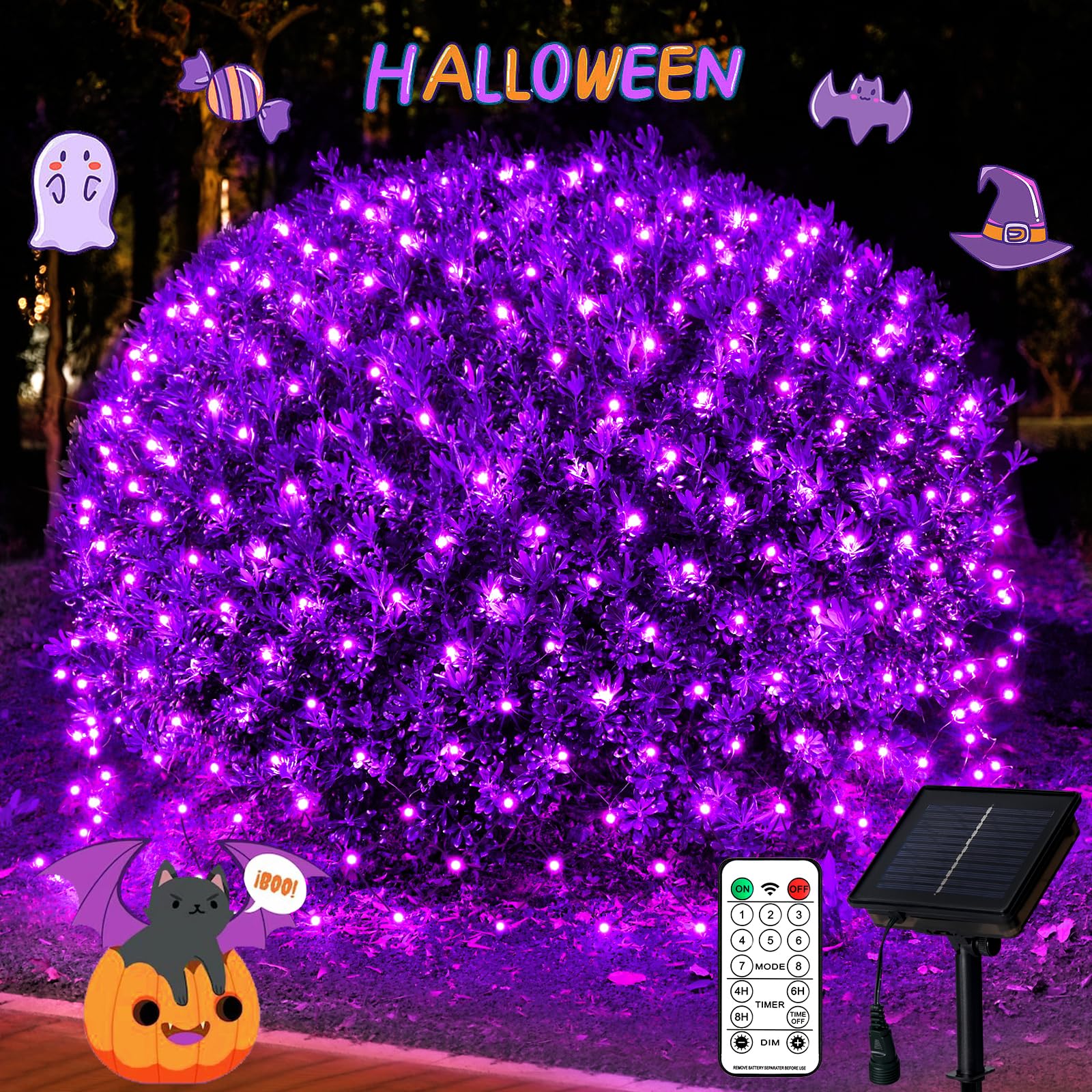 JMEXSUSS Purple Solar Net Lights, 320 LED, 9.8ft x 6.6ft, Waterproof, 8 Modes Remote for Halloween Decorations