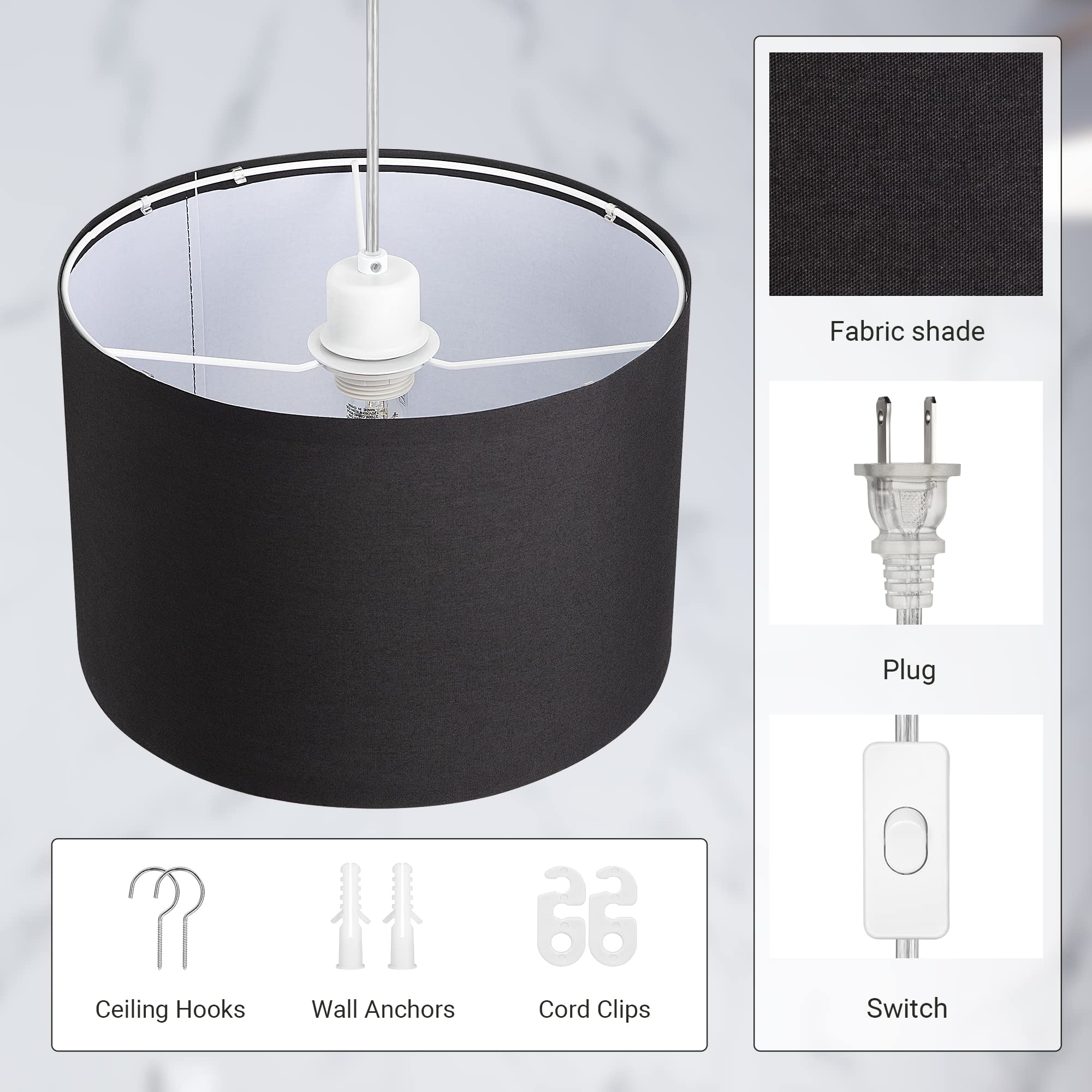 Dewenwils Plug In Pendant Light, Hanging Light With 15Ft Clear Cord, On/Off Switch, With Black Fabric Lampshade, Hanging Light F