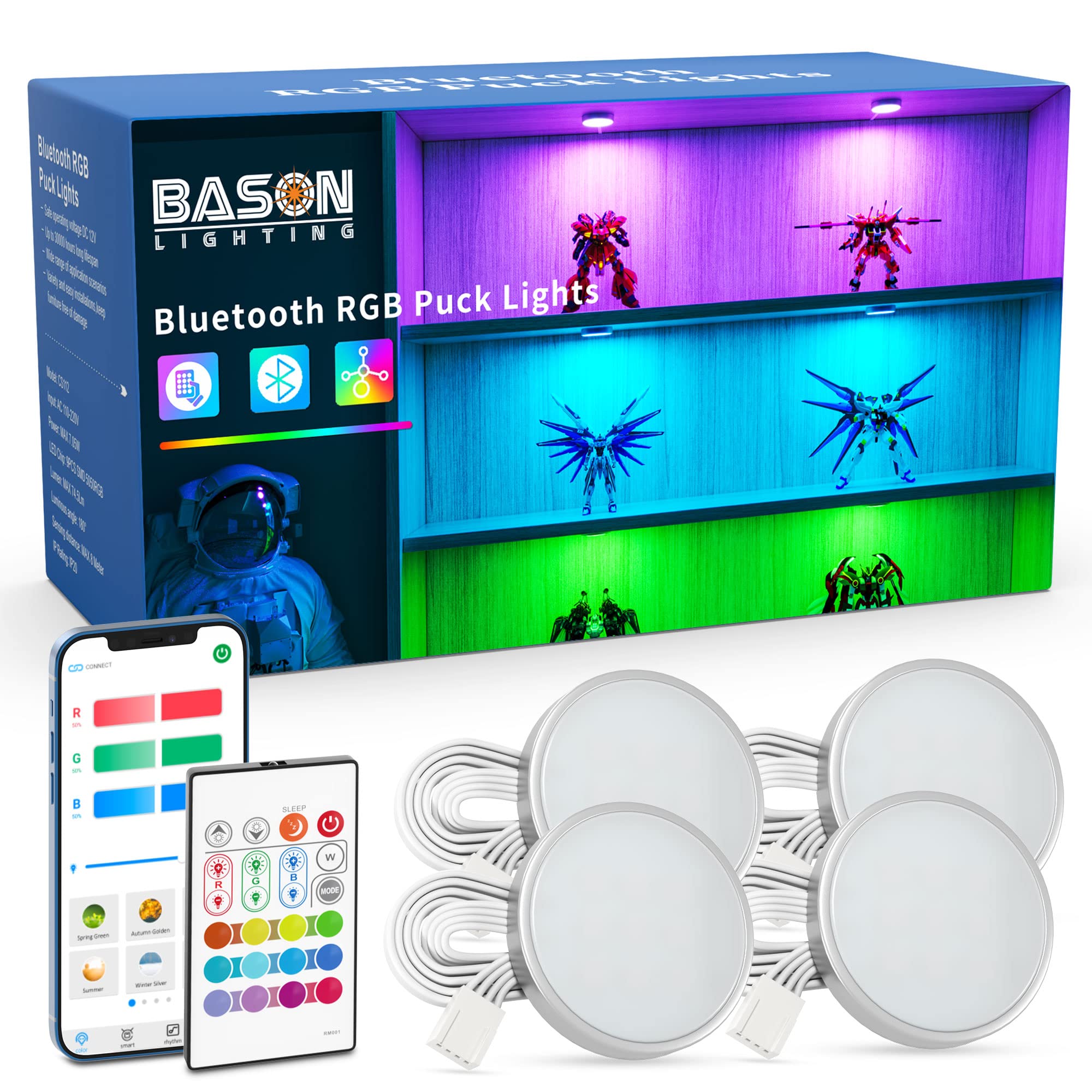 BASON LIGHTING RGB Under Cabinet LED Puck Lights, Bluetooth App Control, Dimmable, Glass, Model CS112