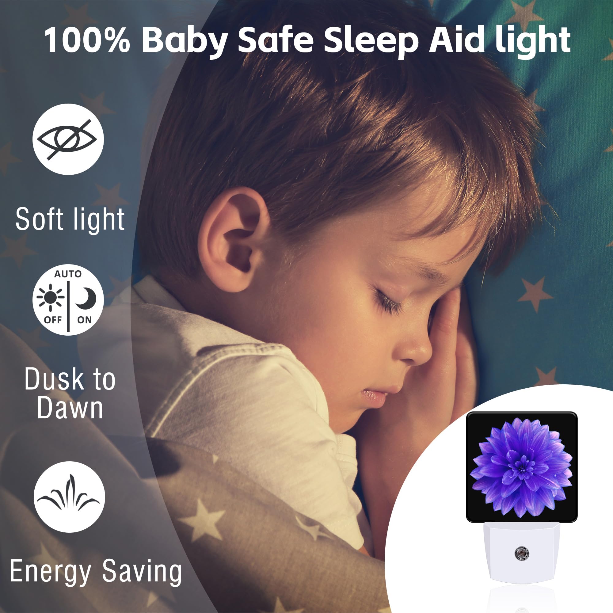 sndheke Purple Dahlia Night Light, Plug-in with Dusk to Dawn Sensor, 0.5W Energy Saving, Floral Design, Model SBD04, Color13