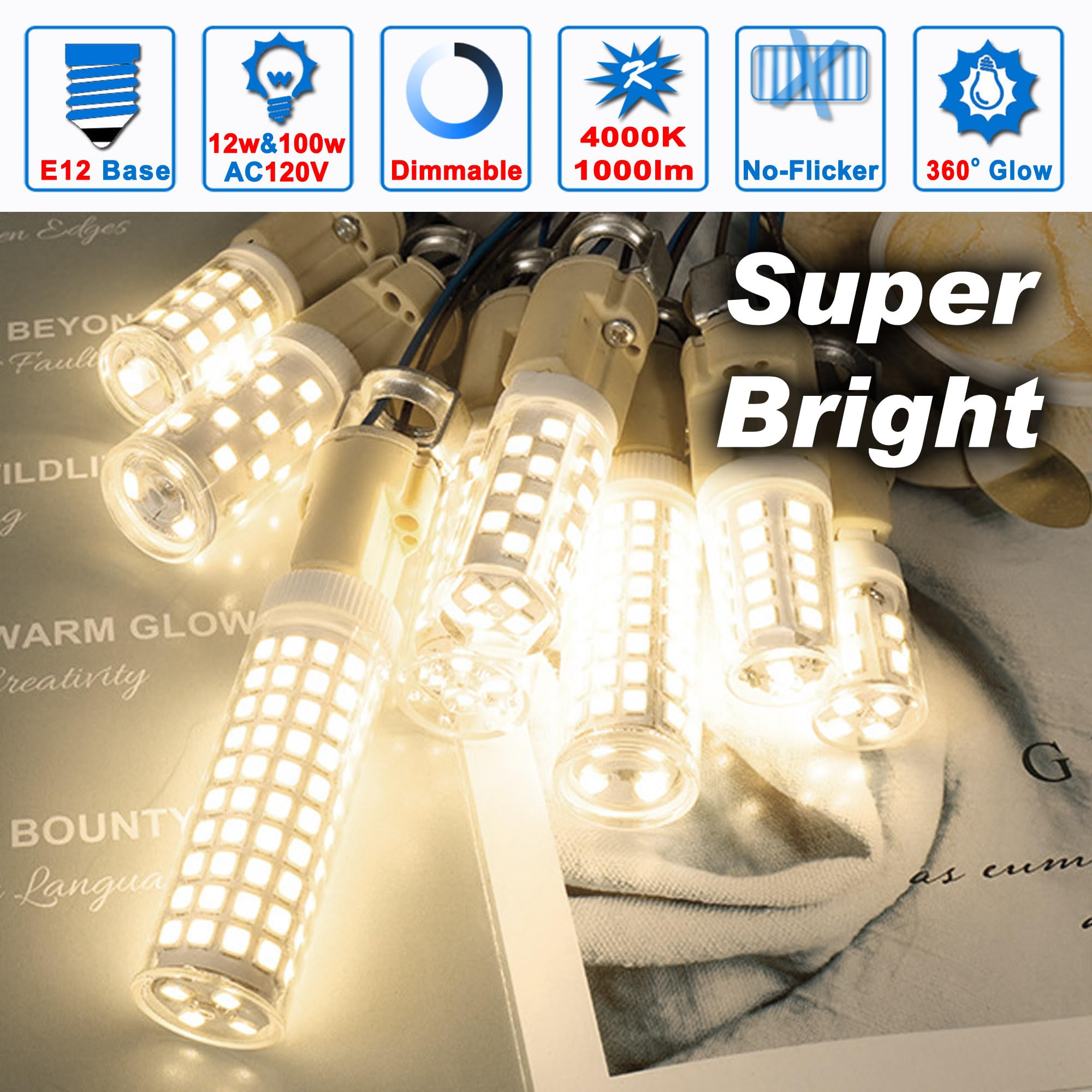 Ziomitus Dimmable E12 100W Led Bulbs Equivalent C7,4000K Natural Neutral White,1000 Lm T6 E12 12W Led Candle Bulbs For Candelabr