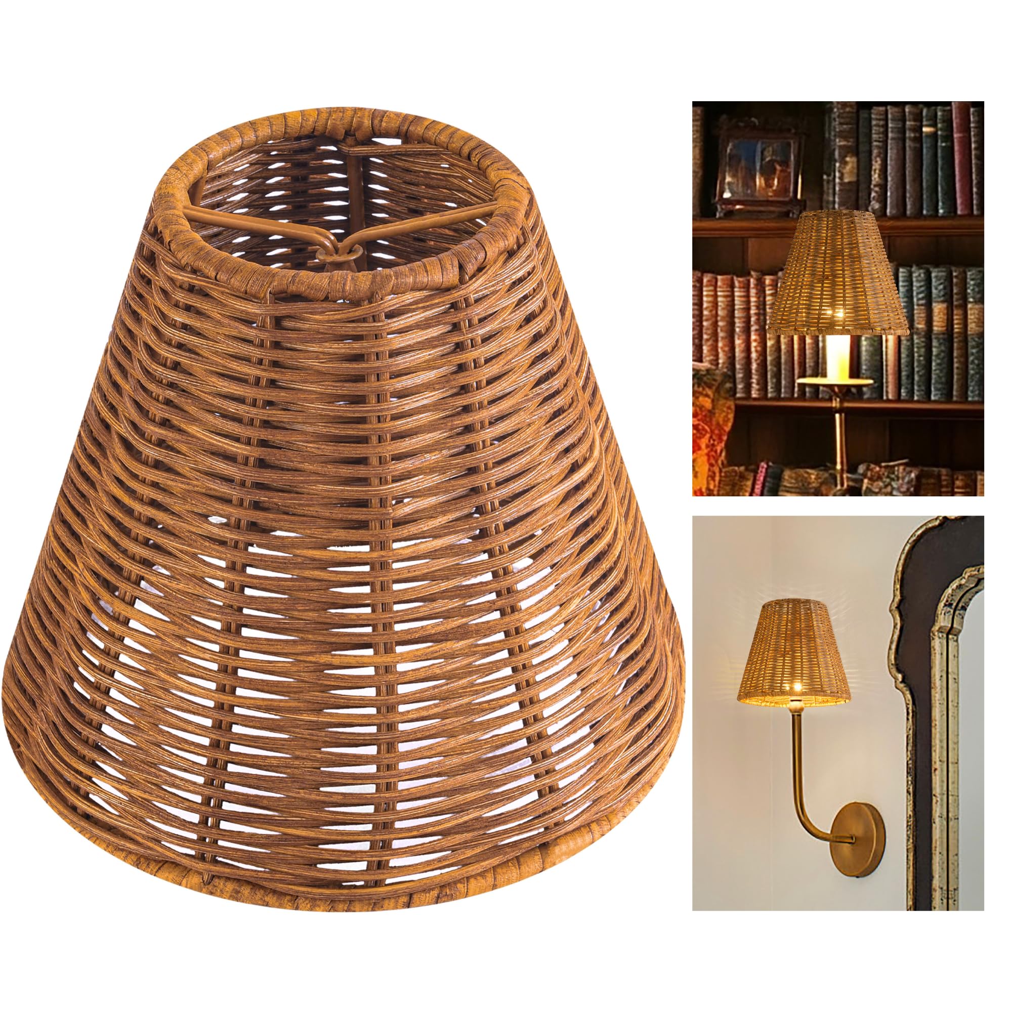 GO&SO Small Rattan Lamp Shades Set of 1, Boho Clip-On Chandelier Lamp Shade, 3 Top x 6 Bottom x 5.25 High, Wicker Table Lamp Sha