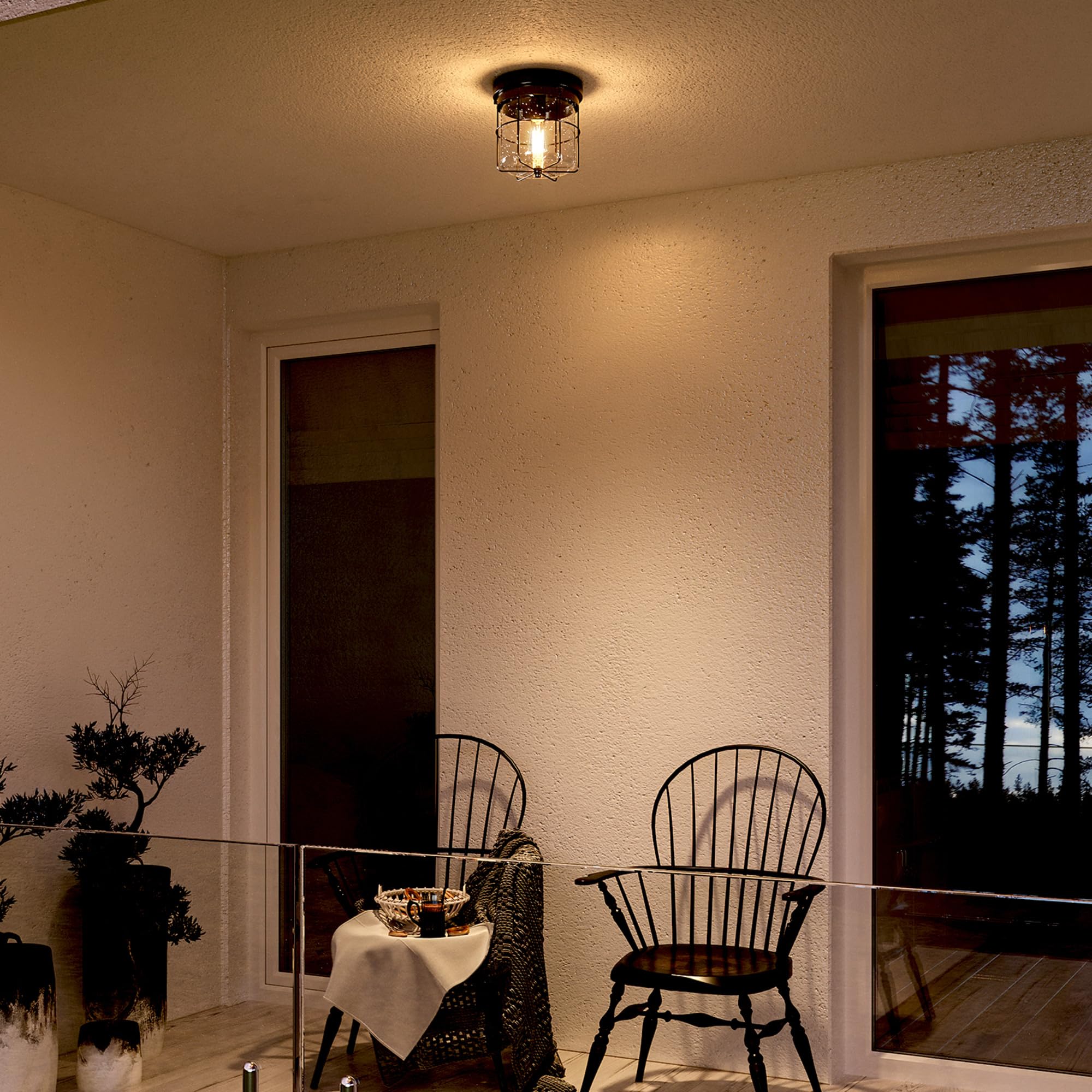 GLOBE Electric 60000162 1-Light Outdoor Flush Mount, Matte Black, Seeded Glass Shade, Thin Frame