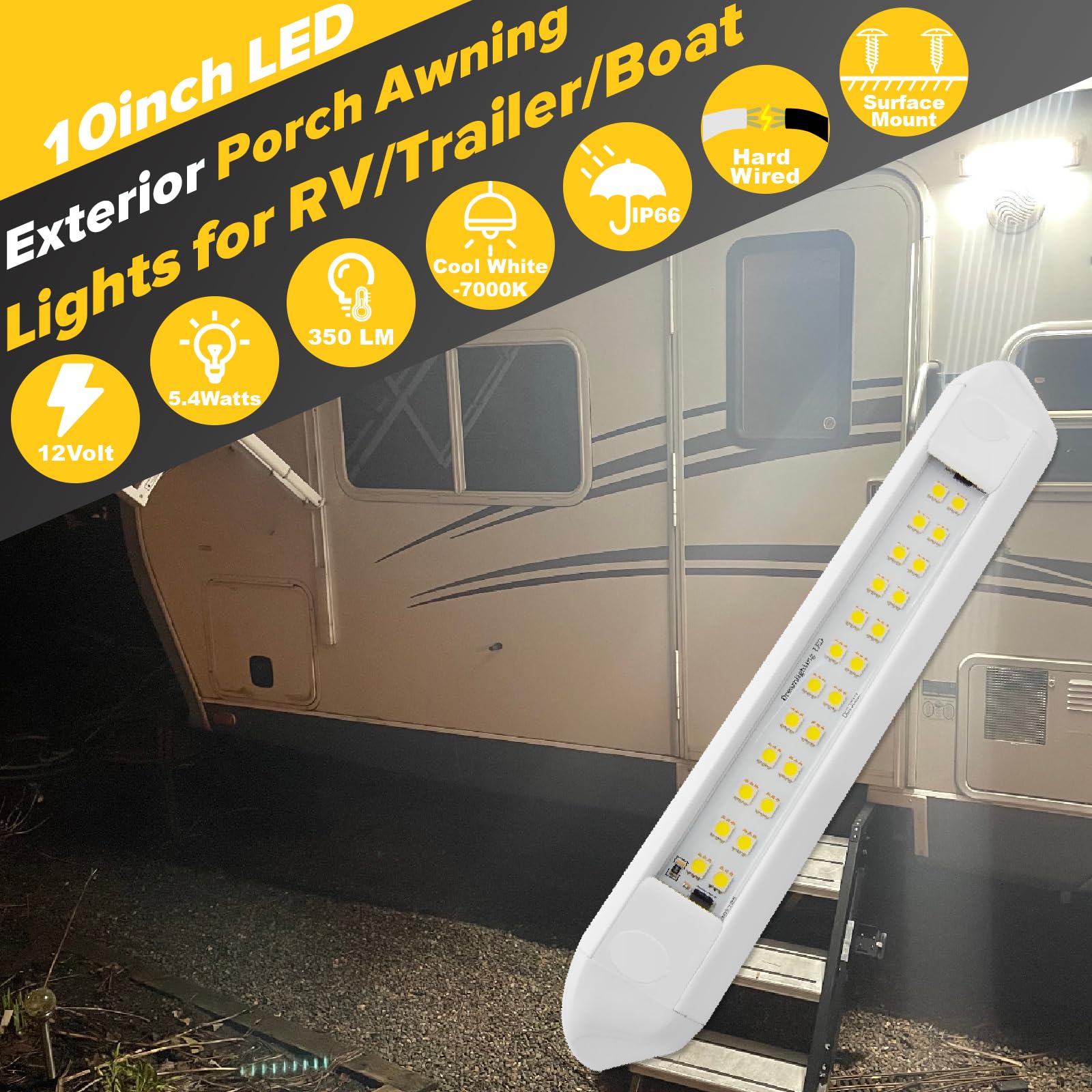 Dream Lighting RV Exterior Awning Light Fixture, 10 Inch, 12V, 5.4W, 350 Lumens, Cool White, Model 613512C, White Housing