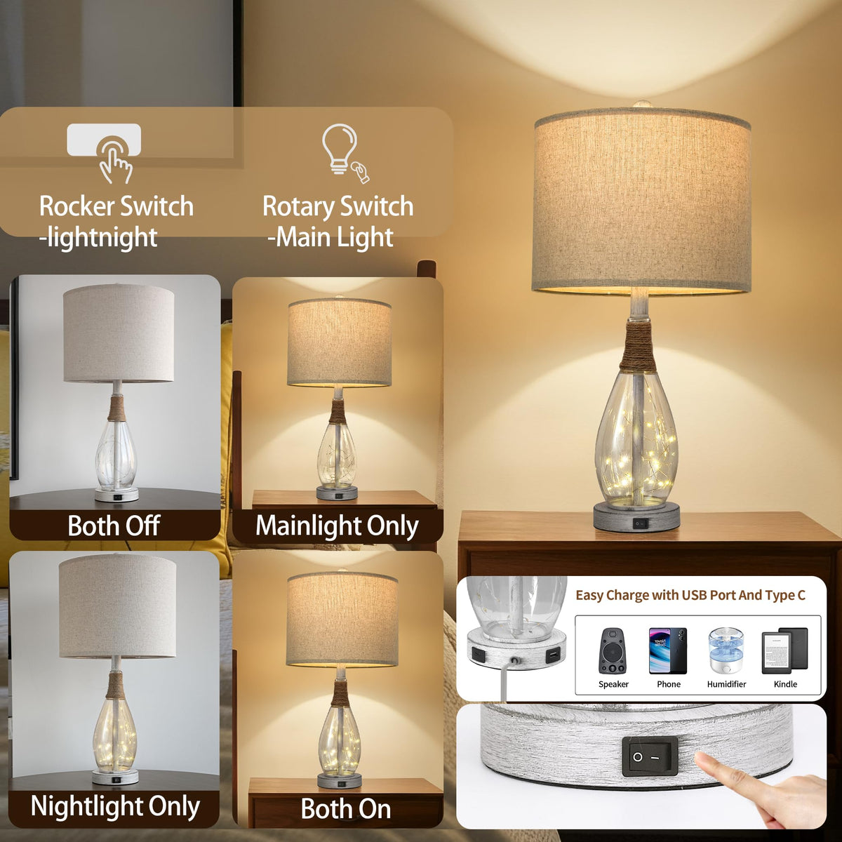 OYEARS Table Lamps Set of 2, 23in White Rattan Boho Design with USB C+ ...