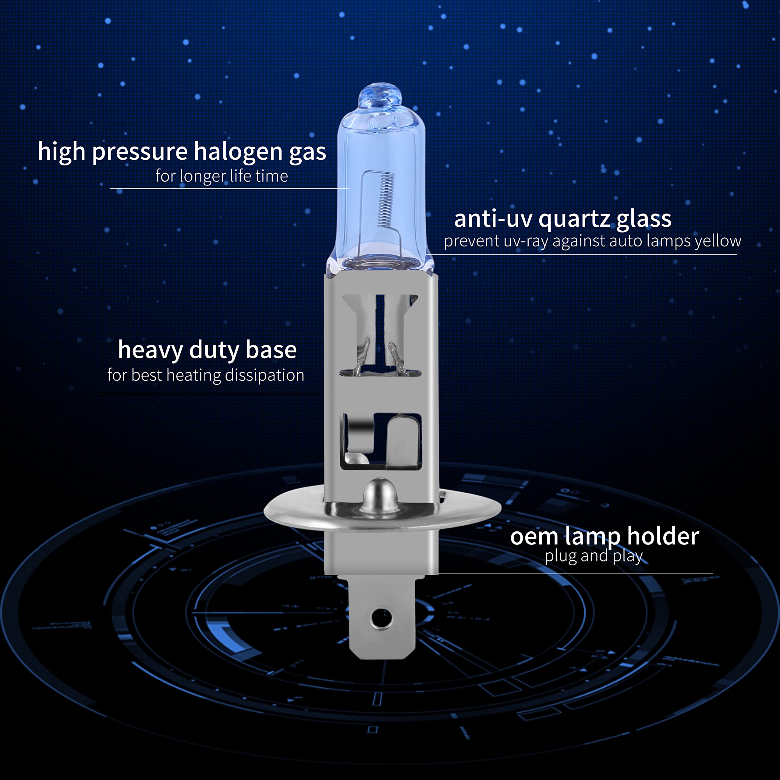 Newbrown H1 Halogen Headlight Bulb With Super White Light Long Life Replacement P14.5S 12V/55W (2 Pack)