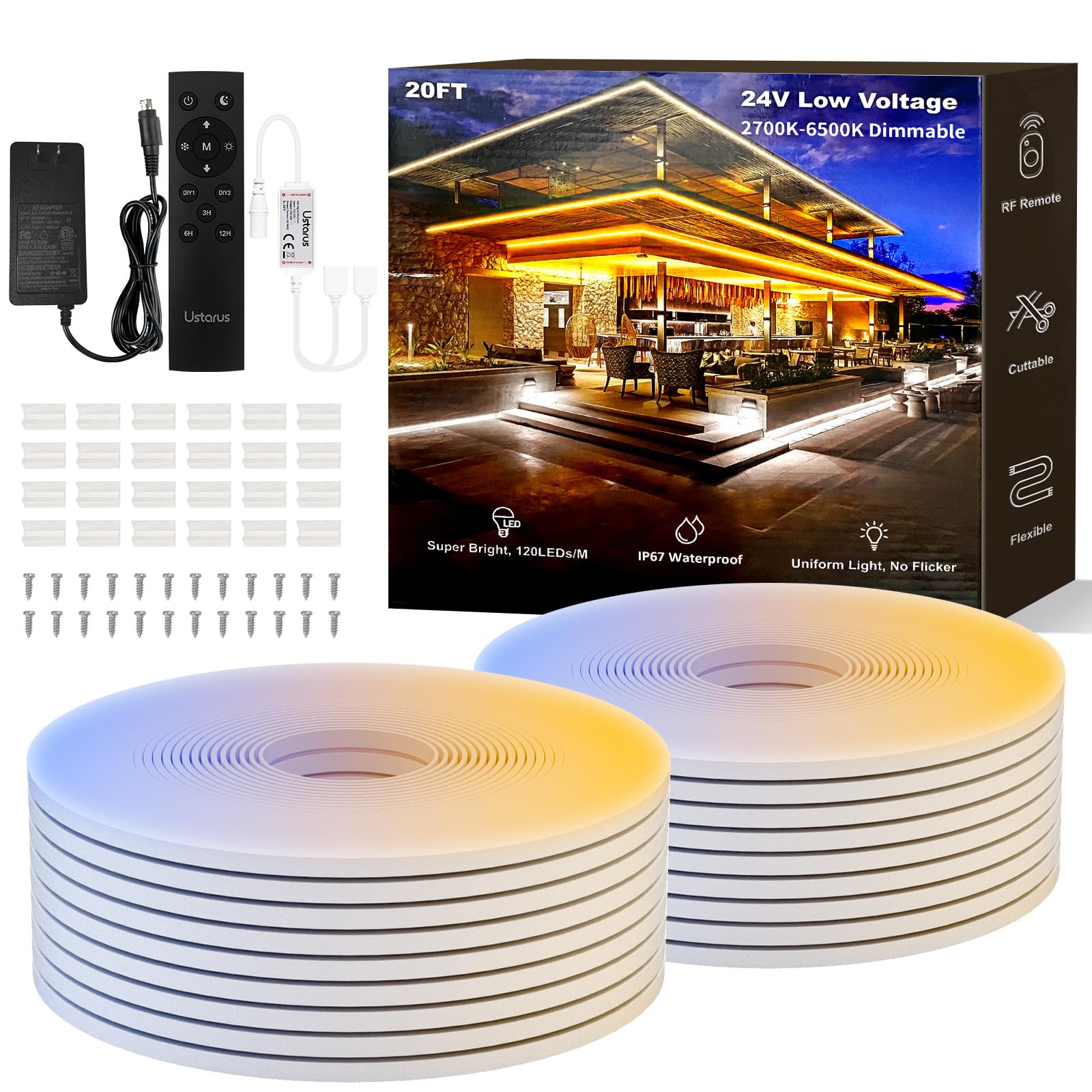 Ustarus 40Ft Dimmable Neon Led Strip Lights, Tunable White, Ip67 Waterproof With Remote