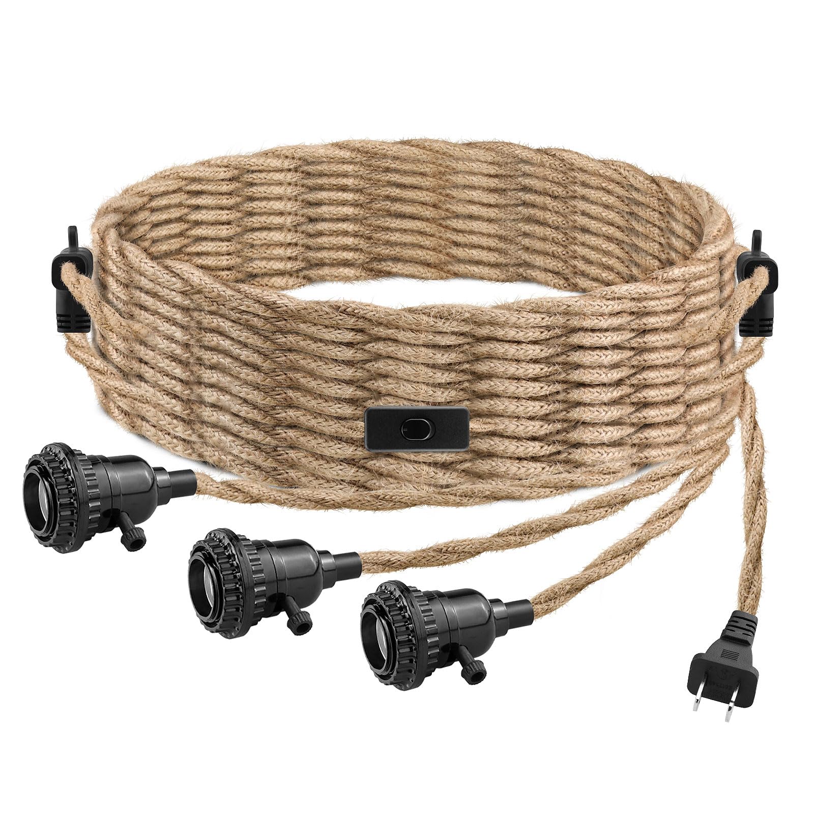 LYOOWNG 3 Light Plug in Pendant Light Cord, 25FT Hanging Lights with Plug in Cord, Hemp Rope Hanging Light Kit with 2 Way Switch