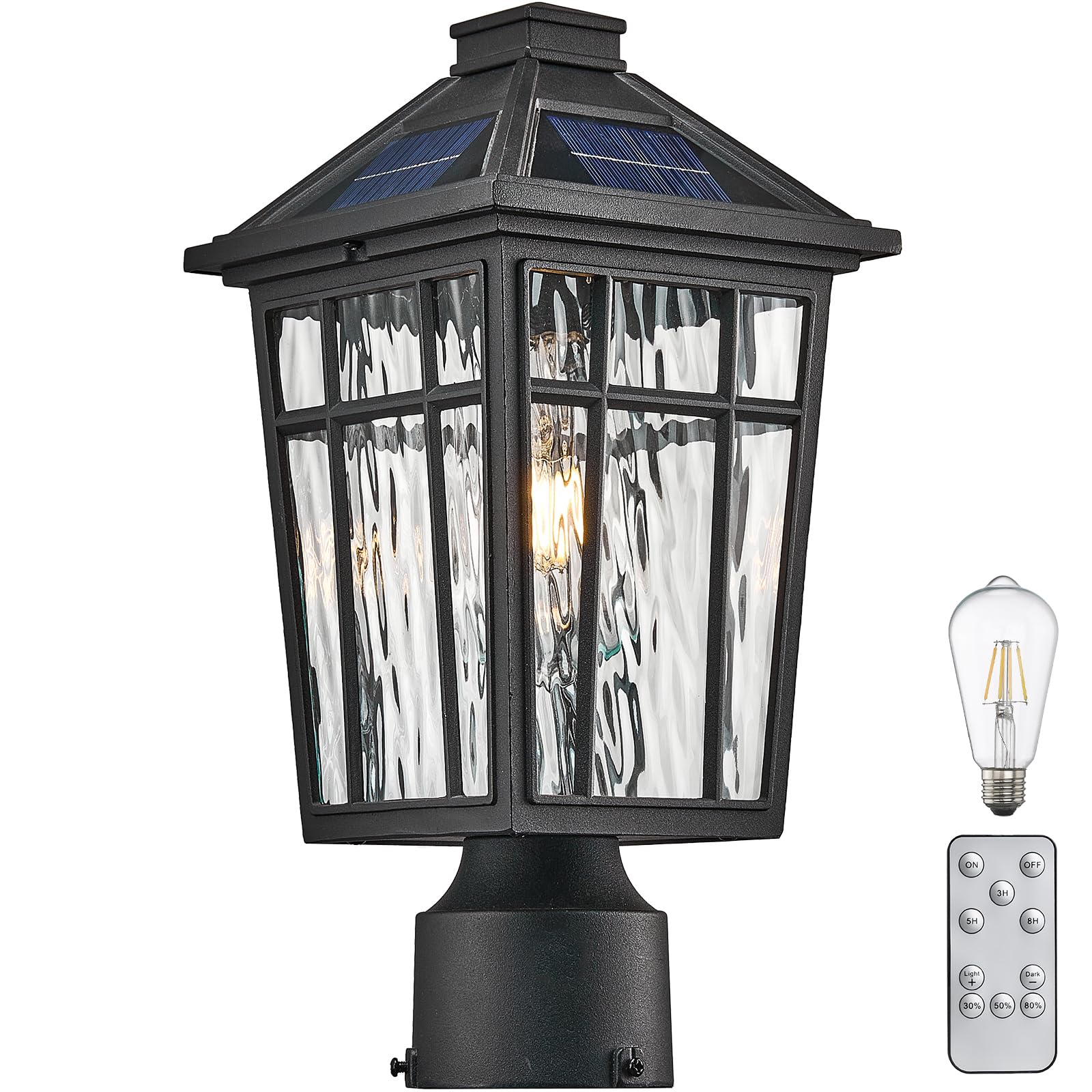 NAXTTII Solar Lamp Post Light, Waterproof Black Aluminum, 13.6 Inch, Model XN12P-S-SL-SW-BK, Includes Remote Control and LED Bulb