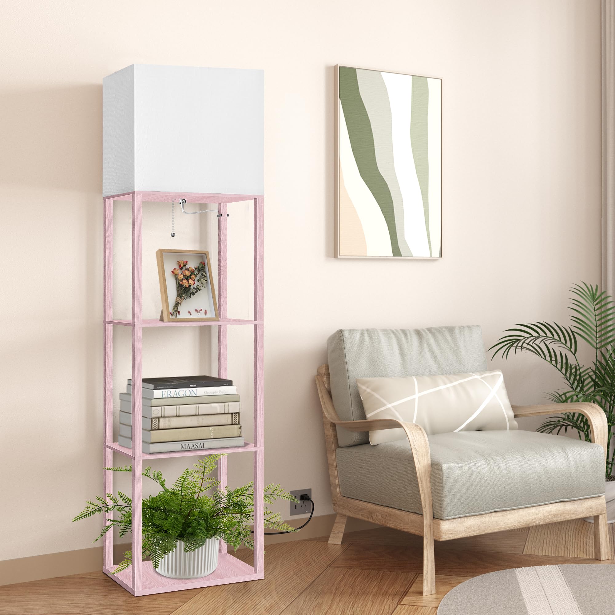 Dott Arts Floor Lamp with Shelves, 15.7in Wide, Wood, Pink, Model WLM1600-FLA-15W-17, Modern LED Display Shelf Lamp for Living Room