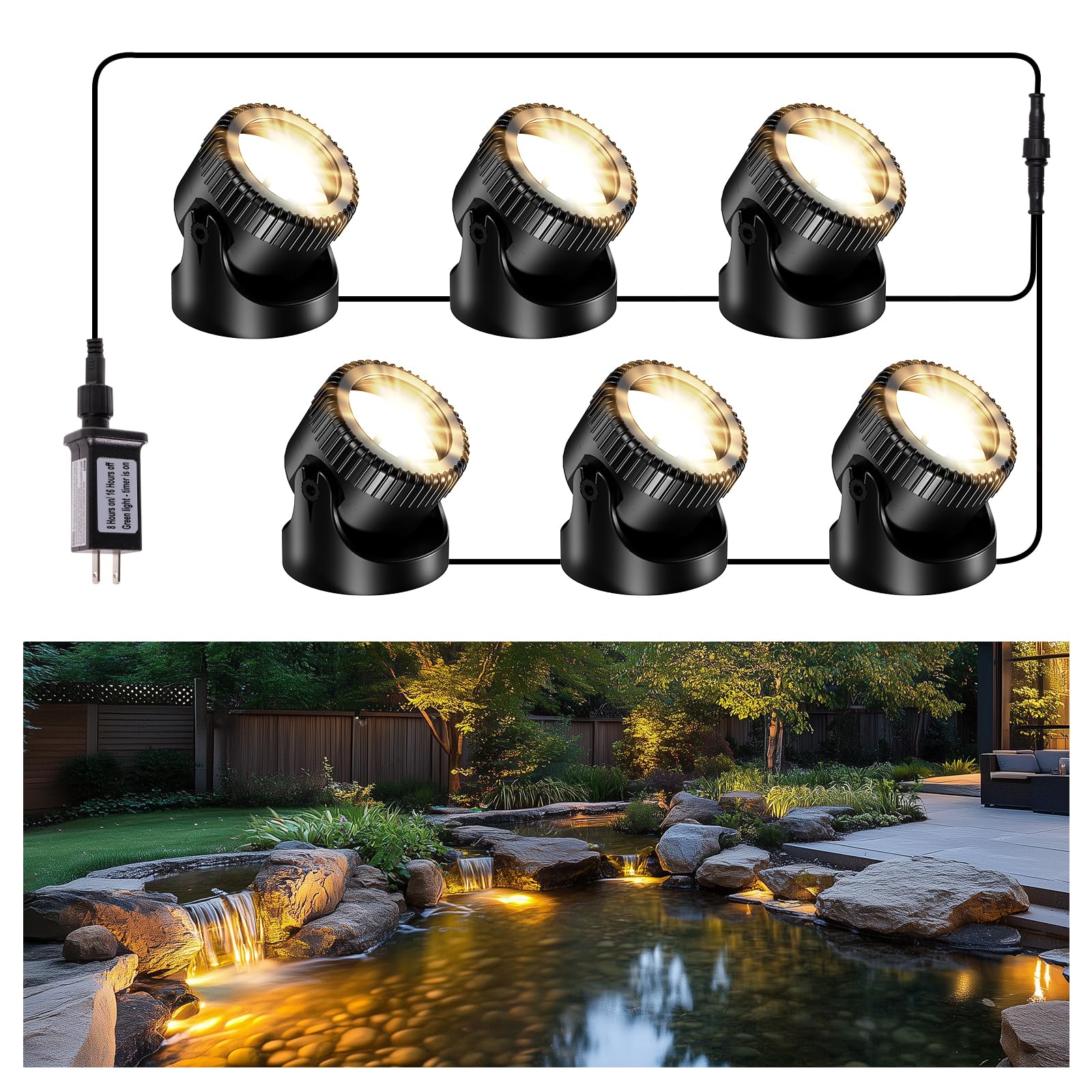 POPOSOAP Pond Lights, 6-in-1 Warm White Underwater Pond Lights, IP68 Waterproof LED Landscape Spotlights for for Pond, Garden, P