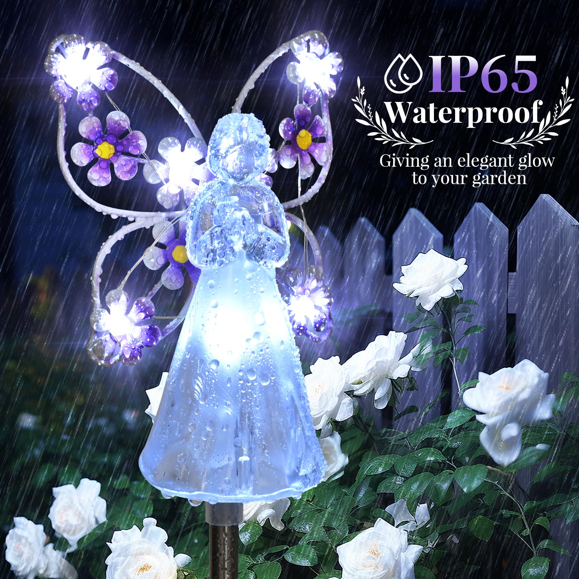 GIGALUMI Solar Angel Garden Stake Lights - 2 Pack, Cold White, Model 8392, 7 LEDs for Memorial and Garden Decorations