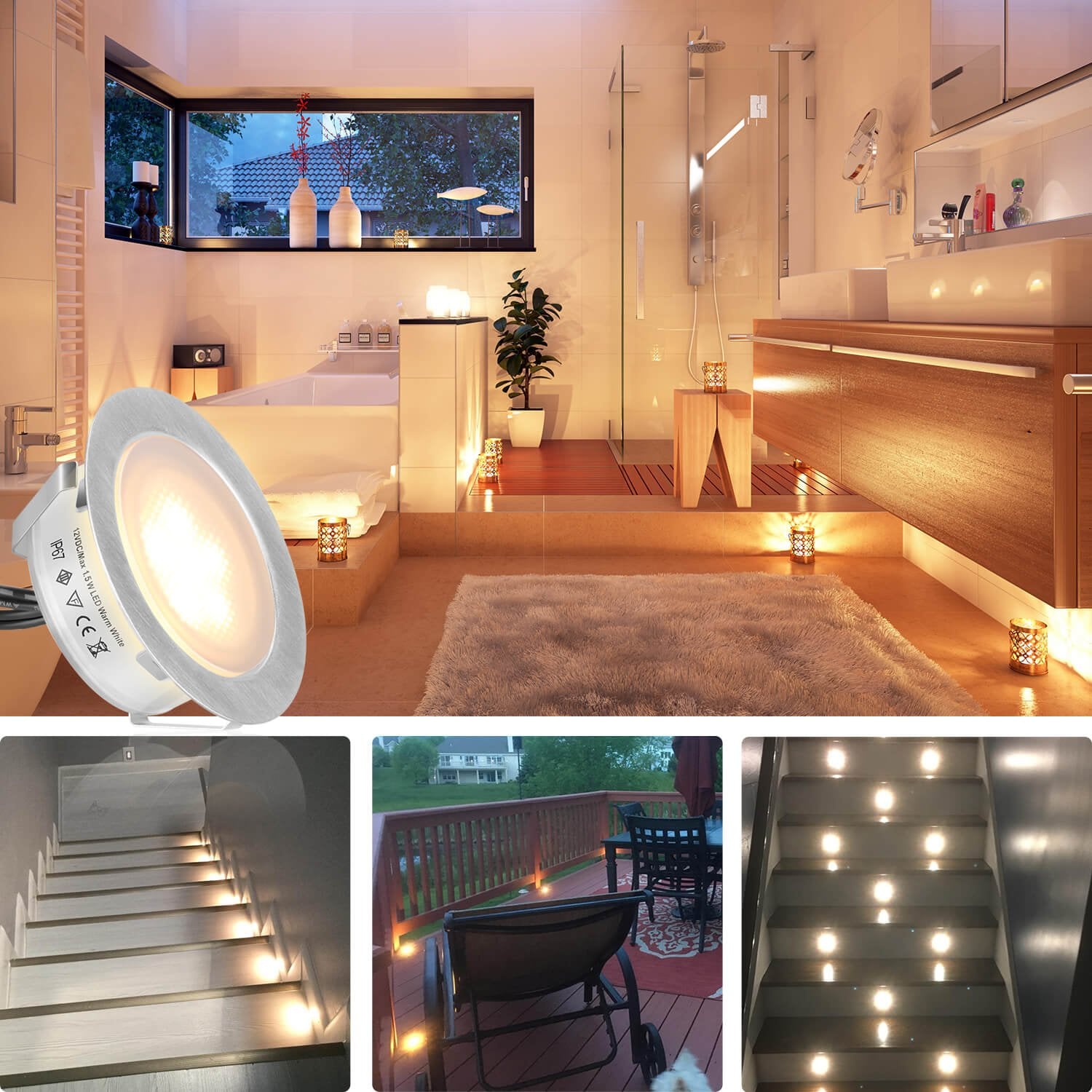 SMY Lighting Recessed LED Deck Lights, Warm White, 6 Pack, IP67 Waterproof, 304 Stainless Steel, Model D-6WW