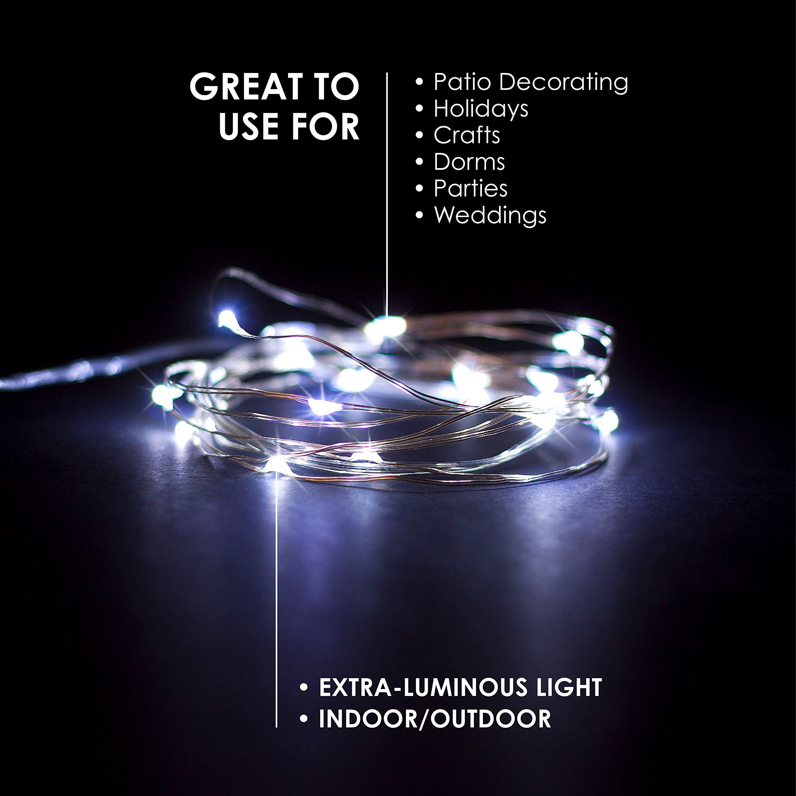 RTGS Cold White LED String Lights, 2 Sets of 20 LEDs, 6.5 ft Silver Wire, Battery Powered for Indoor/Outdoor Use