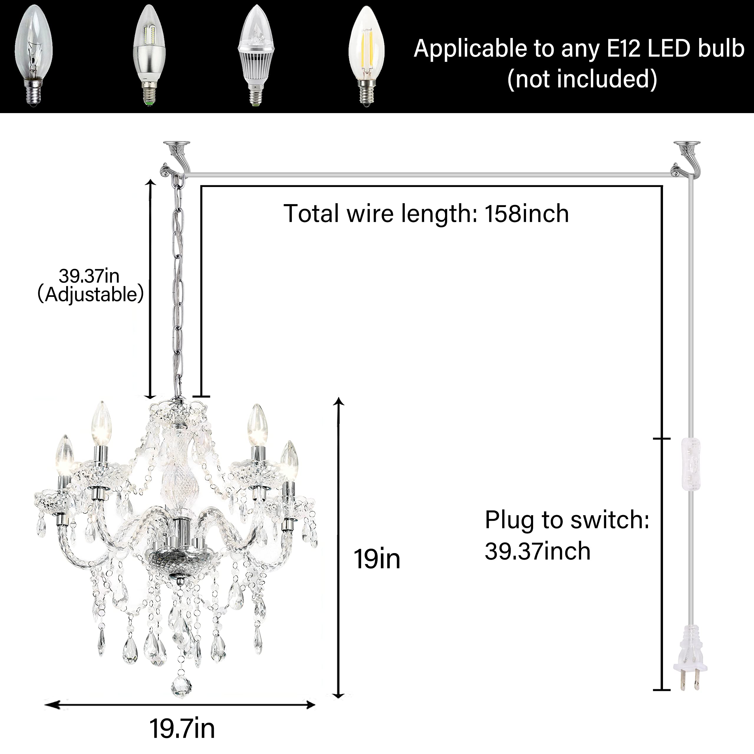PAPAYA 5-Light Acrylic Chandelier with Clear Cord & On/Off Switch, H19 D19.7, Clear-L-5, Ideal for Kitchen Island & Dining Areas