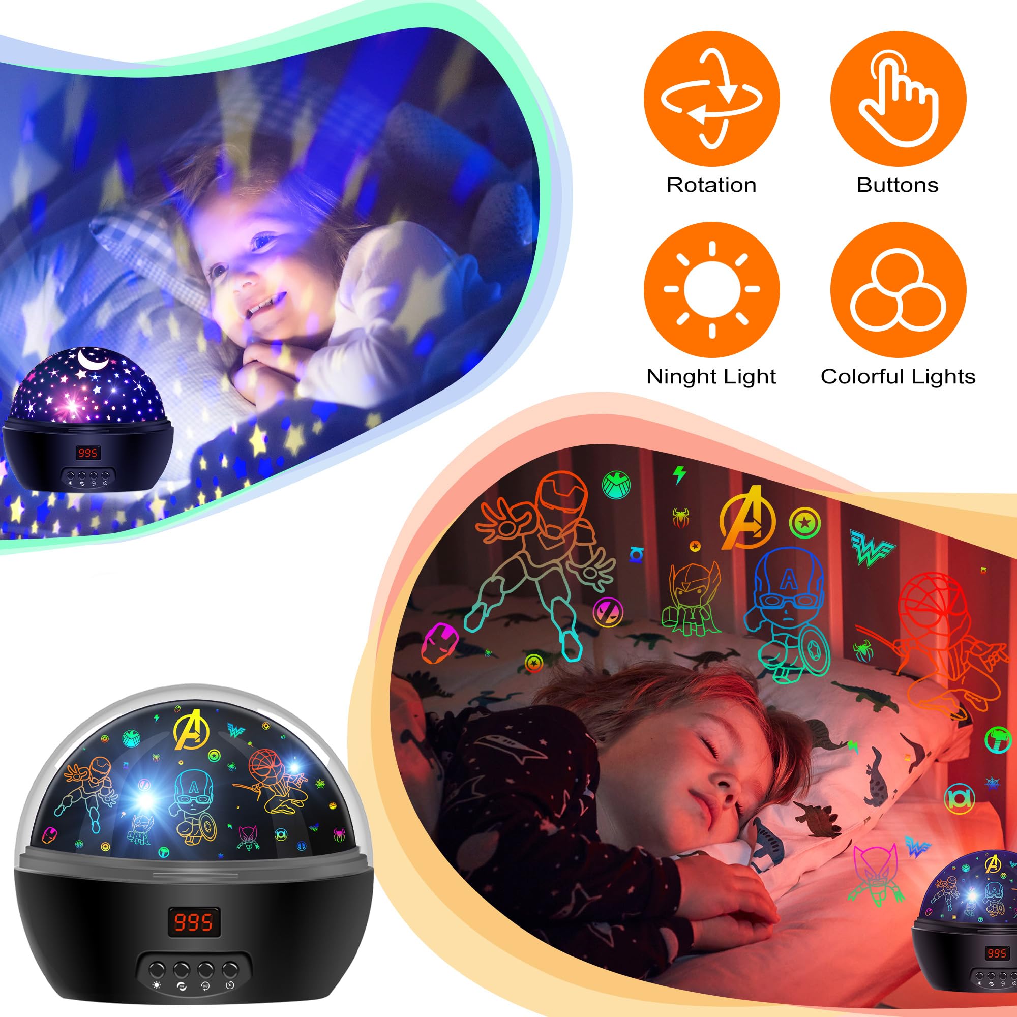 MOKOQI Superhero Night Light Projector for Kids, 360° Rotation, Black, Model NO.012-1761, Includes Spiderman Figurine, Timer