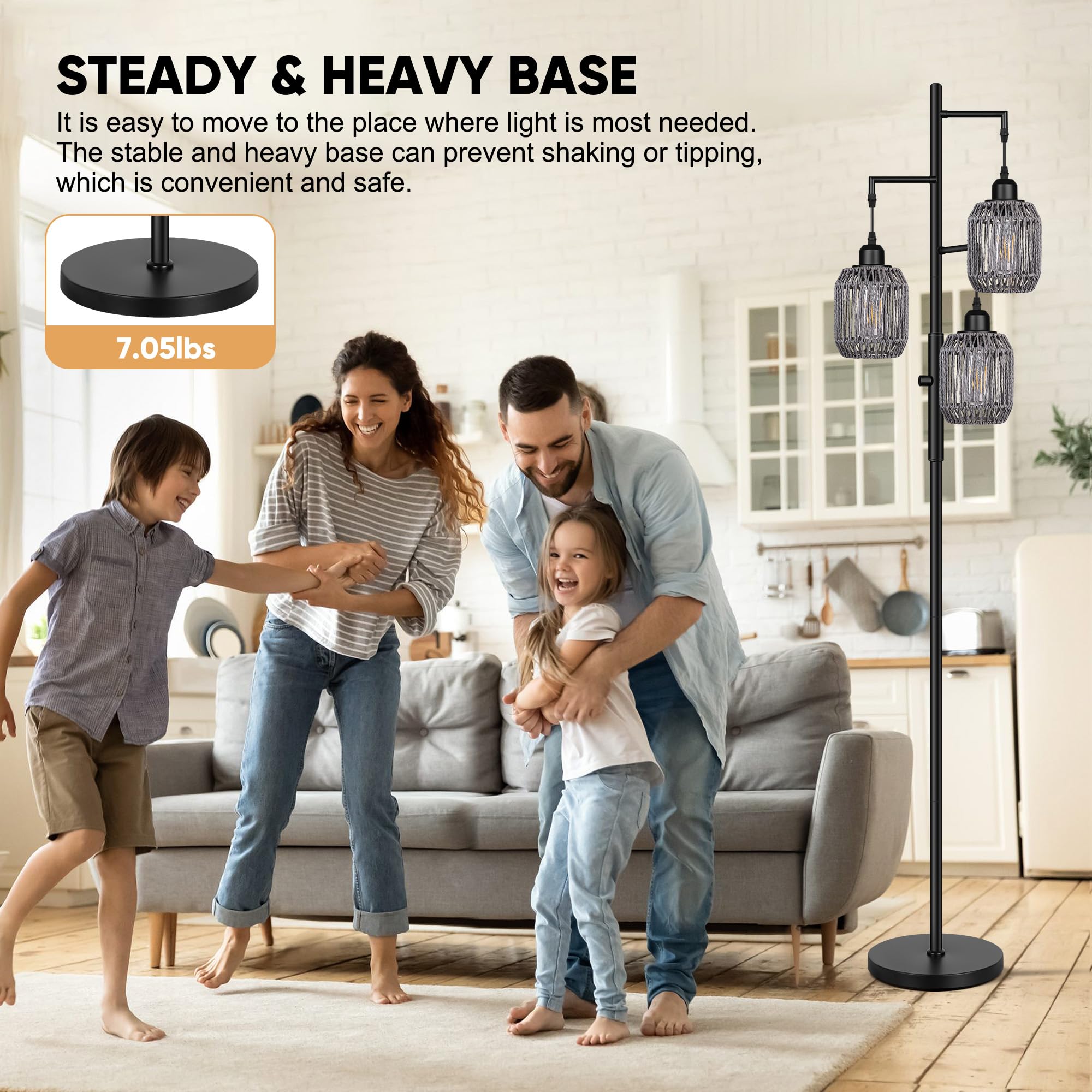ROTTOGOON Dimmable Boho Floor Lamp - 3-Light Rattan, 68" Tall, Black & Gray, Metal, Model ROFP125AB1