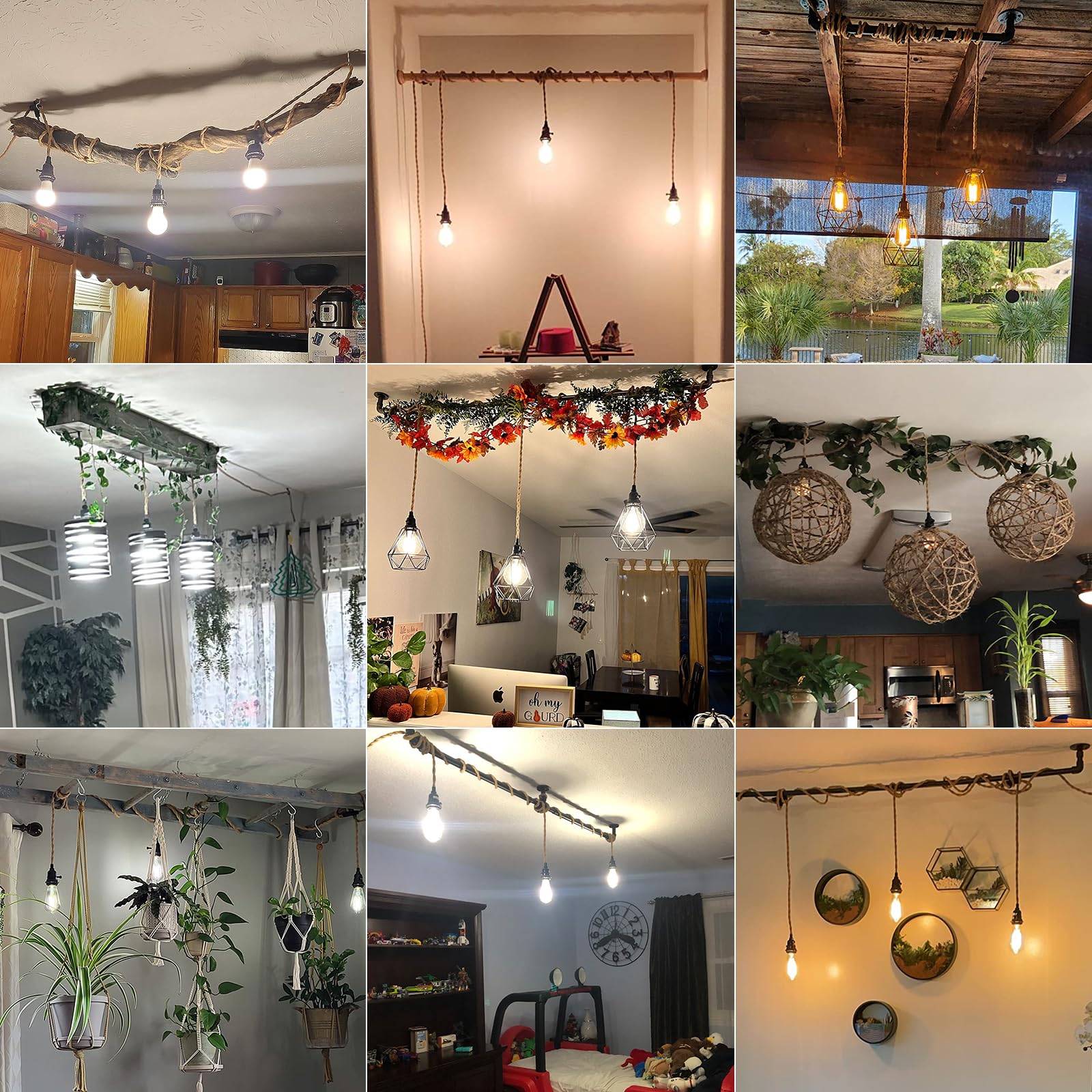 ALAISLYC Triple Plug-in Pendant Light Kit, 23 Ft Hemp Rope, Yellow, 1-Pack/3-Light, Model P038C3, DIY Hanging Lamp Fixture