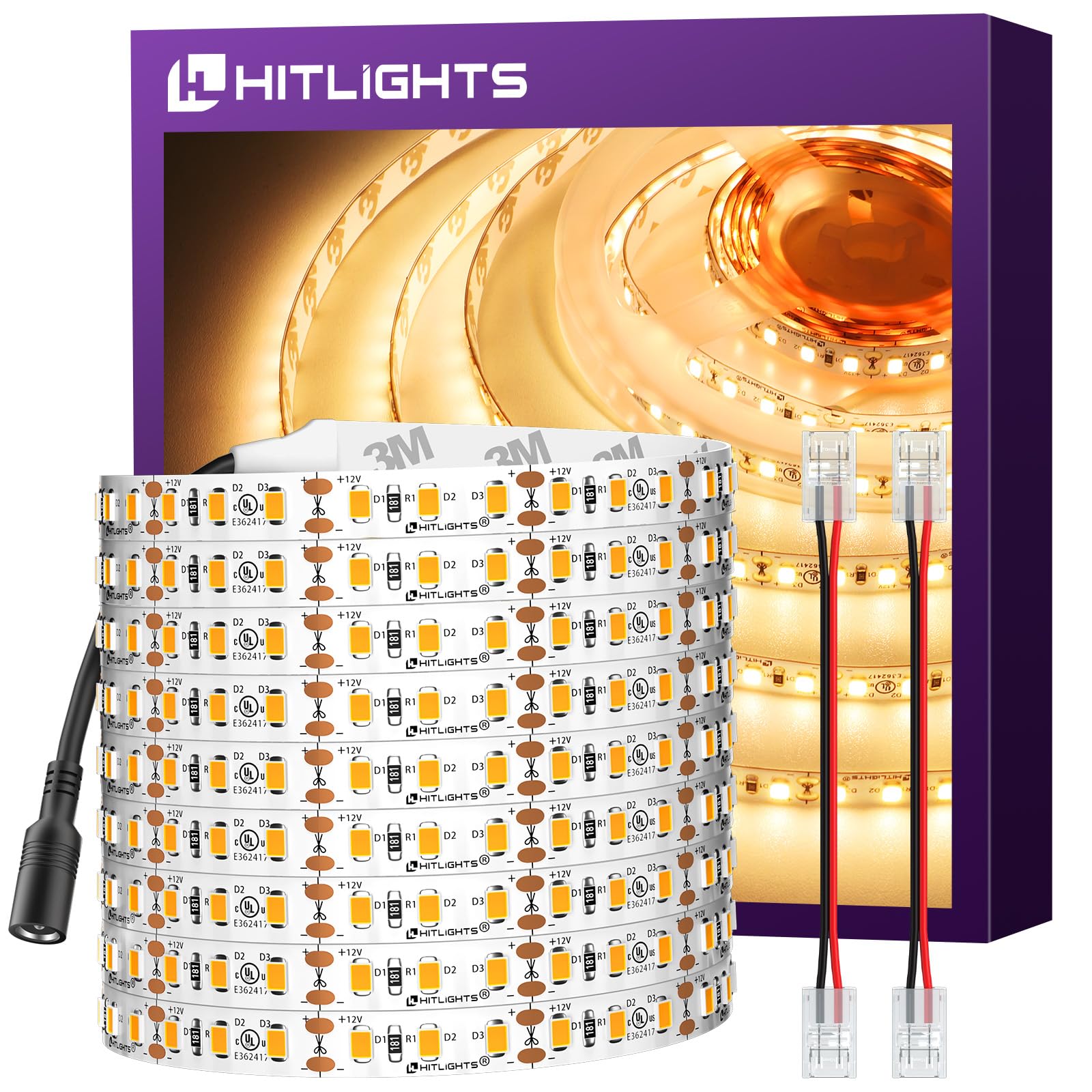 HitLights LED Strip Lights, 900 LEDs, 24.6ft, Warm White 3000K, Flexible Dimmable Tape Light for Kitchen and Bedroom, UL-Listed