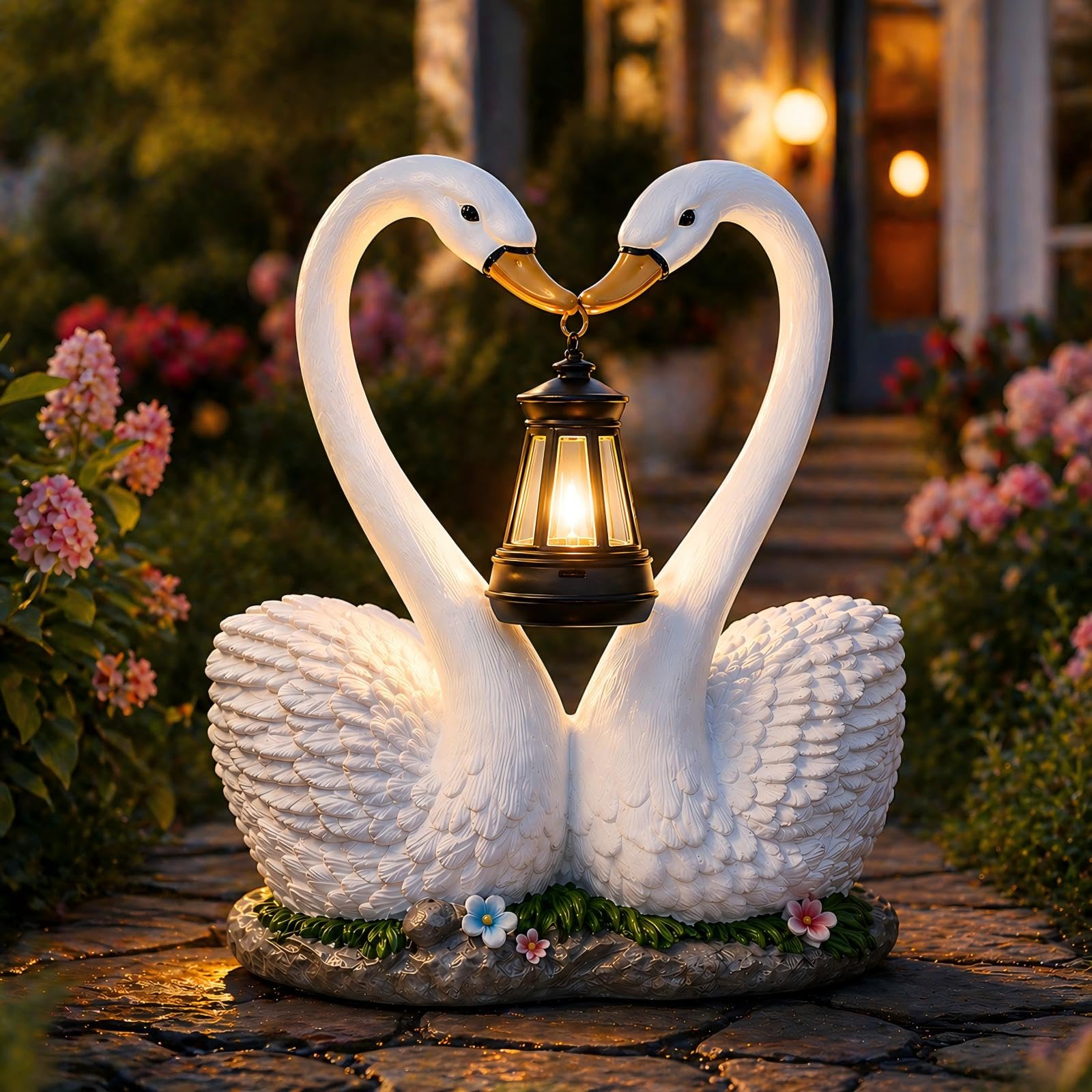 Whaislex Solar Swan Garden Statue with Hanging Lantern Light, Romantic Swan Couple Outdoor Solar Lights Resin Waterproof Yard La