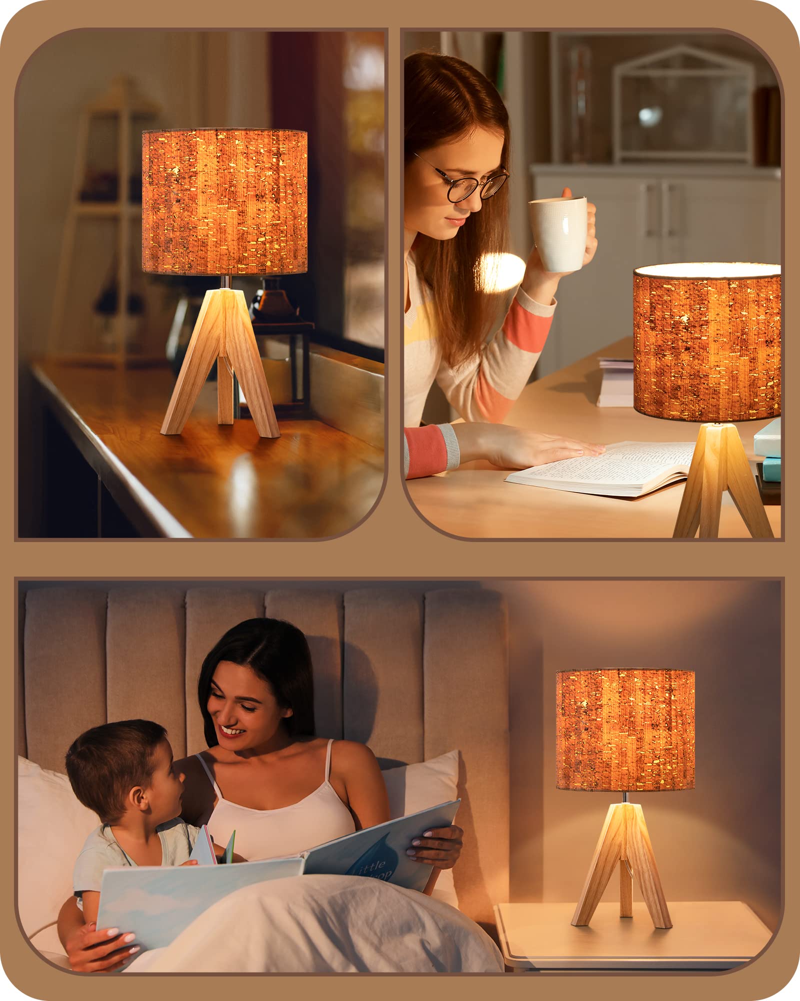 Edishine Small Table Lamp, Wooden Tripod Nightstand Lamp With Bark Linen Shade, Farmhouse Bedside Lamp For Nursery, Bedroom, Kid