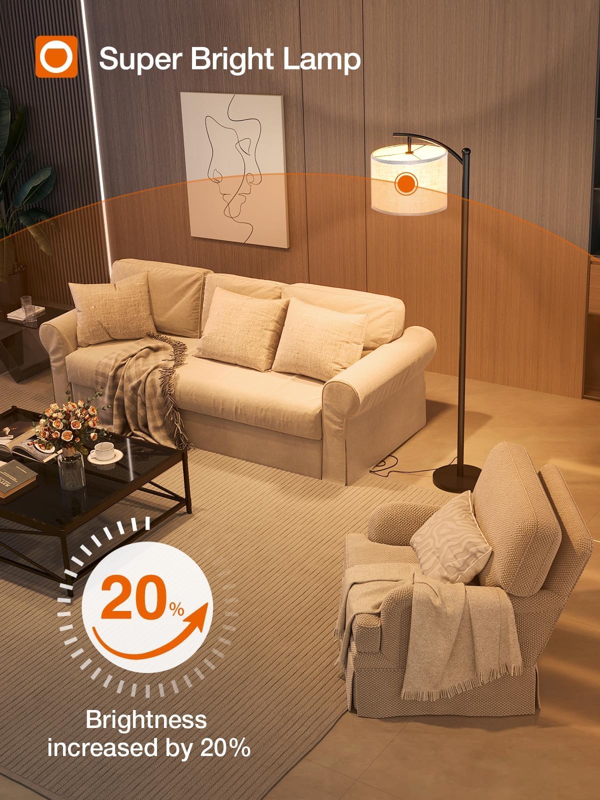 addlon Floor Lamp - 64" Linen Shade, 3 Color Temperatures, Black & Beige, Model gjynf-832, Includes 9W LED Bulb