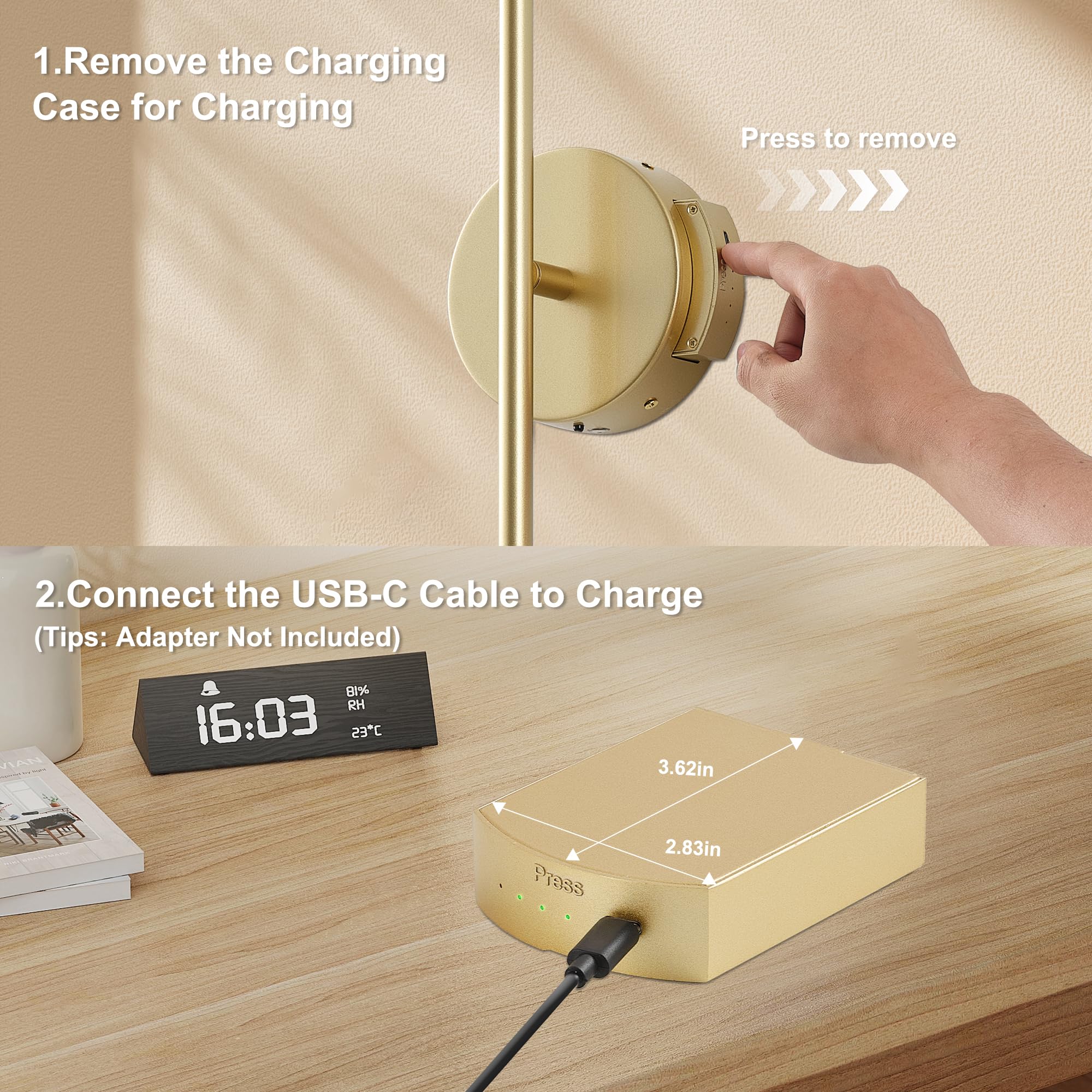 KARTOOSH Wall Sconces - Removable Battery Operated, Remote Control, 350° Rotate, 24.4" Gold LED Lights (2 Pack) - 3 Color Temperatures
