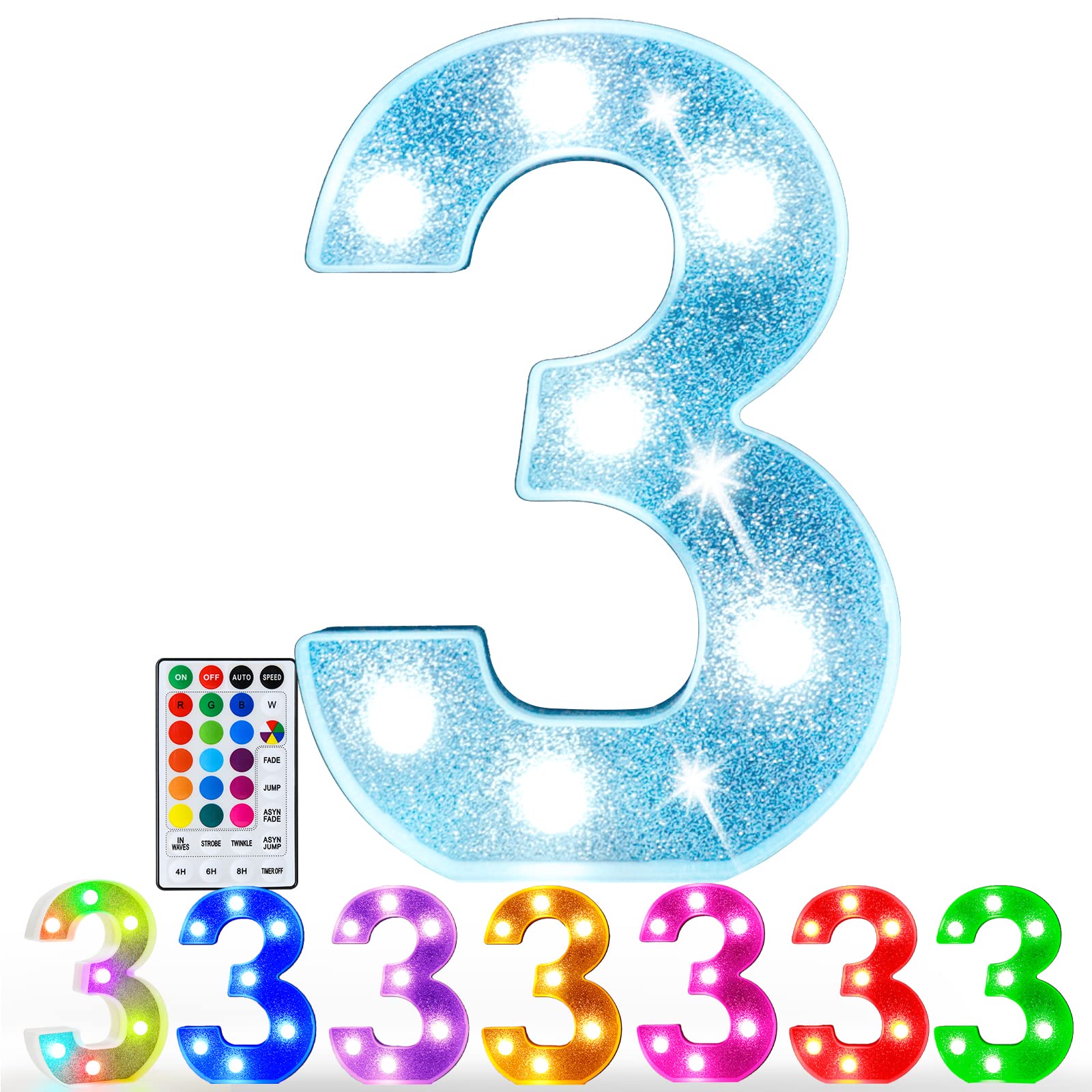 Pooqla Colorful Marquee Number 3 with Remote, RGB Light Up, Glitter LED, Battery Powered Decoration for Home and Parties