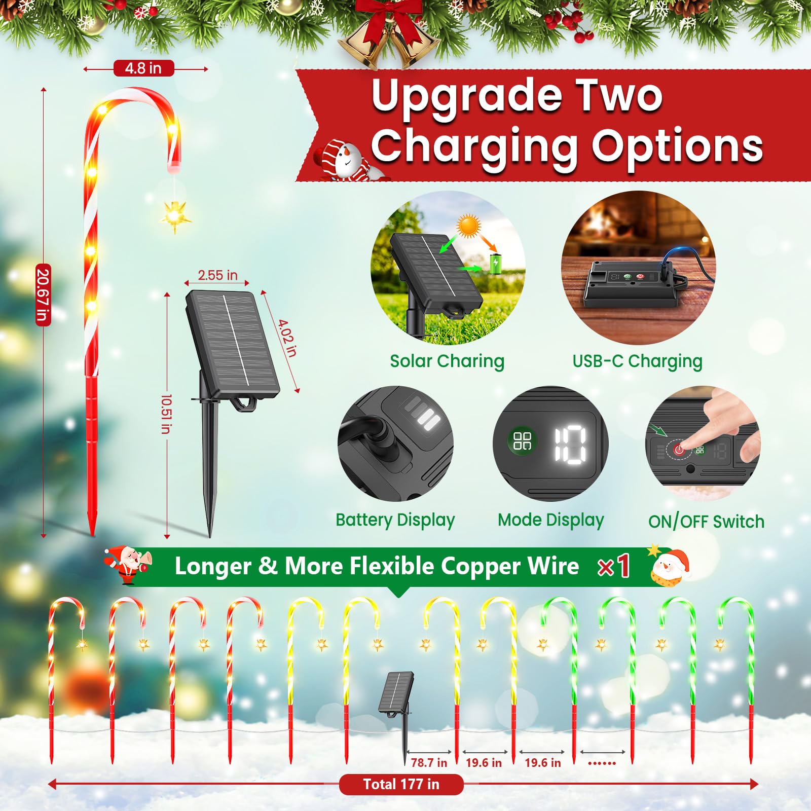 2025 Upgraded Christmas Decorations Outdoor Solar Candy Cane Lights  10 Modes Waterproof Solar Christmas Pathway Lights With Usb Charge  28 Ft 72 Leds Outdoor Xmas Decor For Yard Lawn Porch Holiday