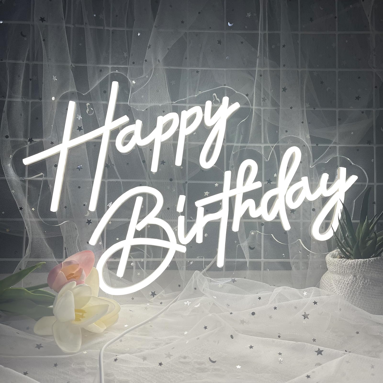 BerniceKelly Happy Birthday Neon Sign Wall Decor, 17x12 Inch, White LED Light, Model AW-12