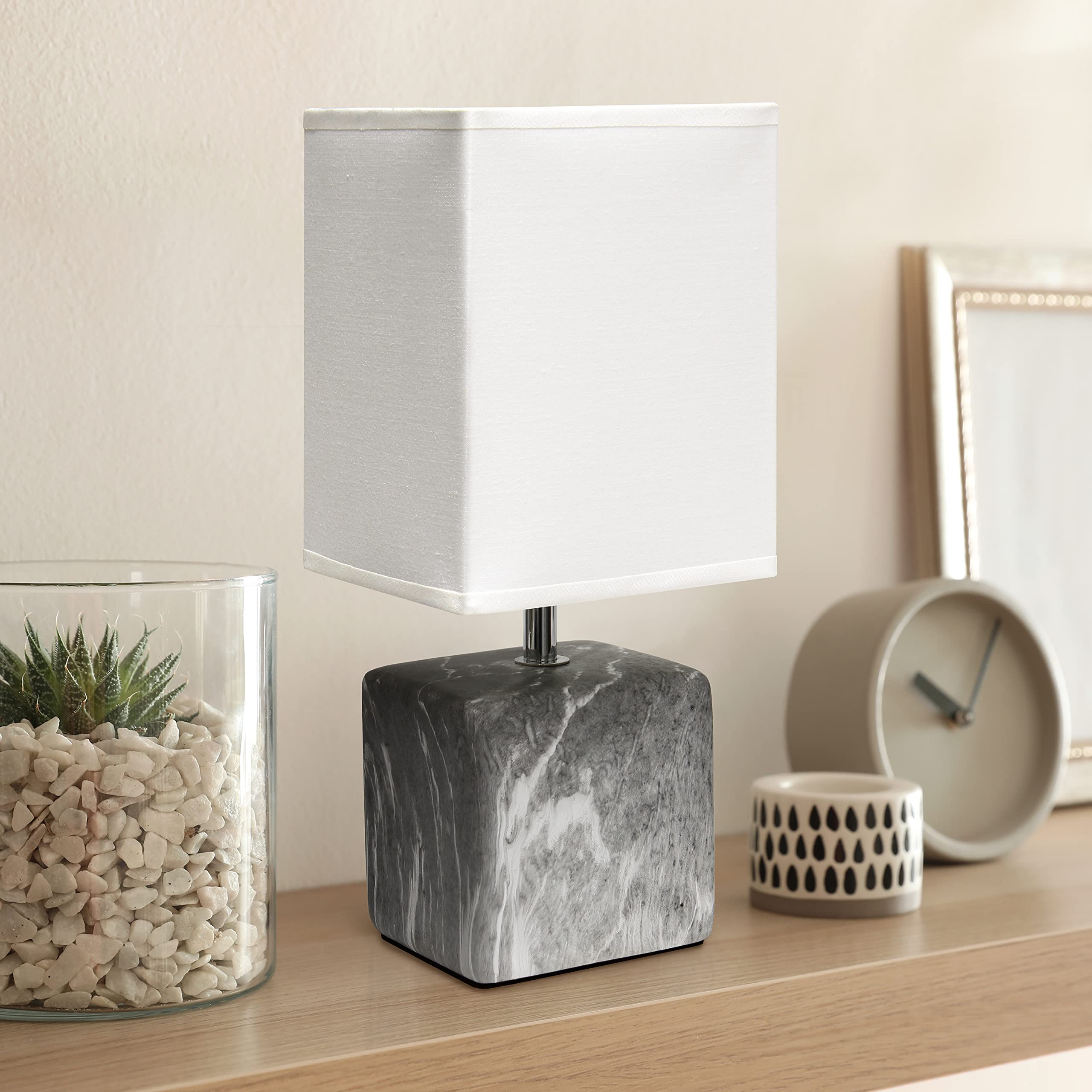 Simple Designs LT2071-BAW Mini Table Lamp, Gray Black Marble Ceramic, White Fabric Shade, 1 Count