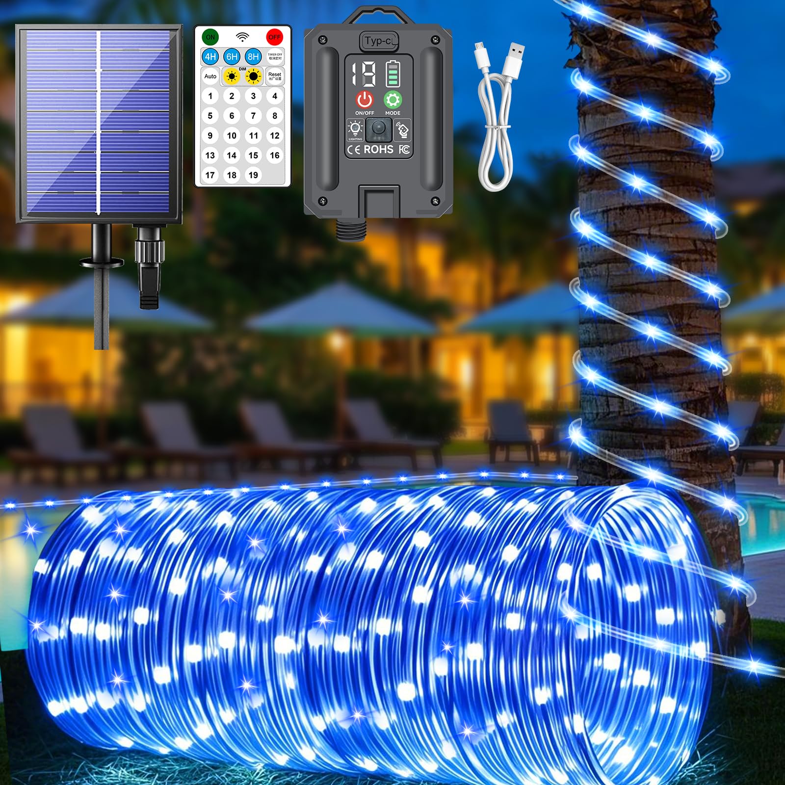 New Upgraded Solar Rope Lights for Outside Waterproof 500 LED 170ft 19 Modes Solar String Lights with Remote Timer Dimmable USB 
