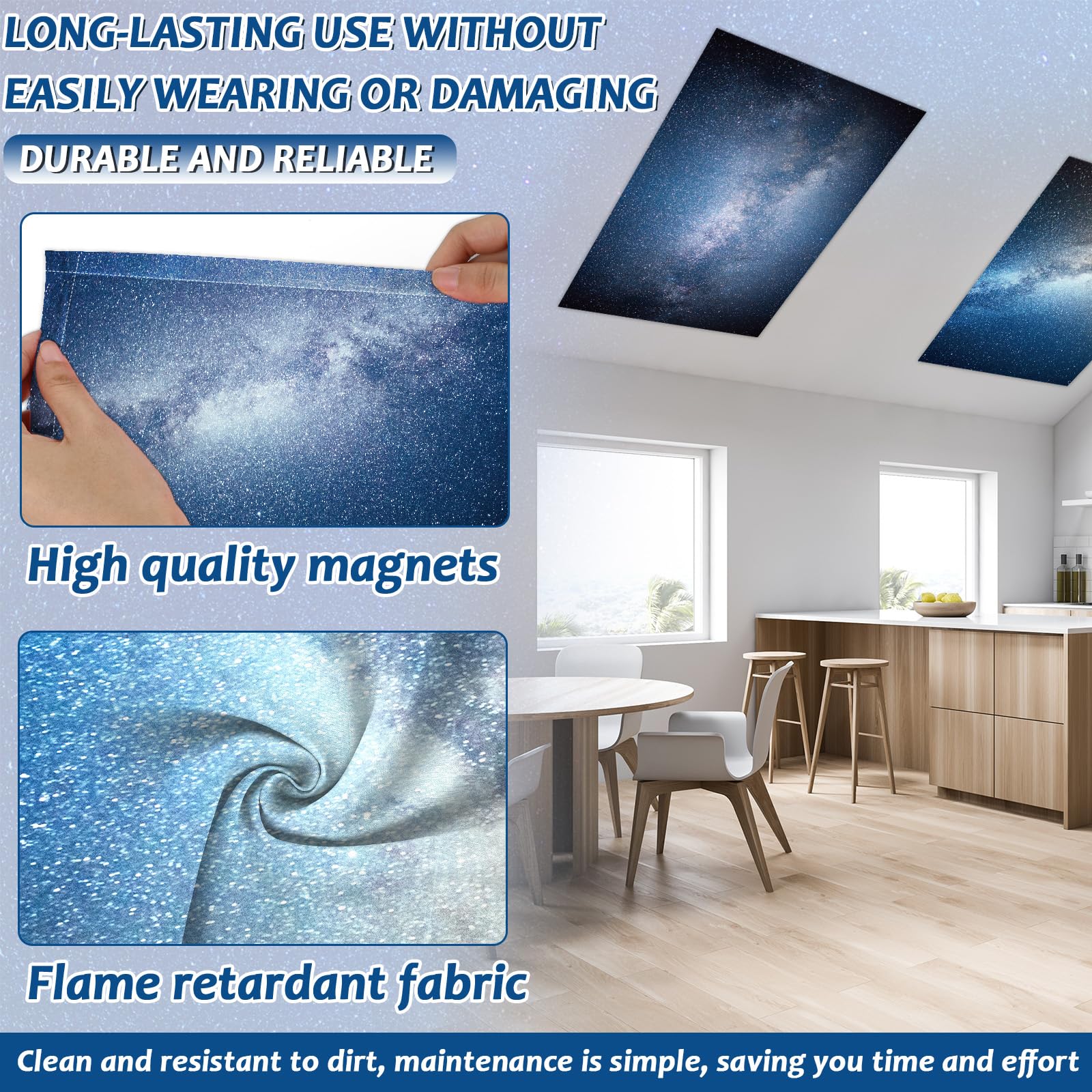 Wiooffen 8 Pcs Fluorescent Light Covers, 80 Magnets, 4 x 2 Feet, Polyester, Galaxy Blue, Model YM0885, Easy Install for Office &