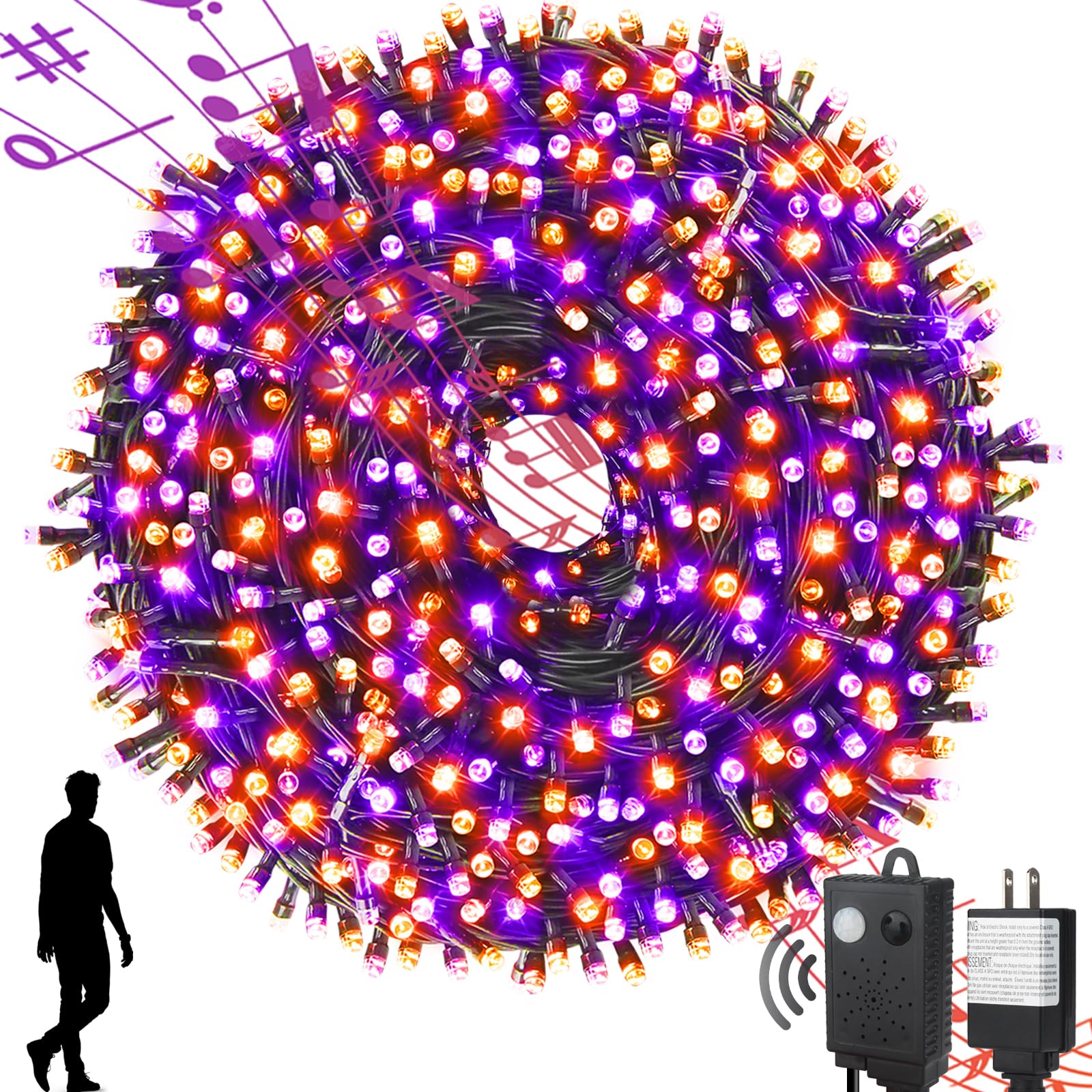 Mzd8391 Halloween String Lights - 108Ft, 300Led, Waterproof, Motion Sensor, Orange & Purple, For Indoor/Outdoor Decor