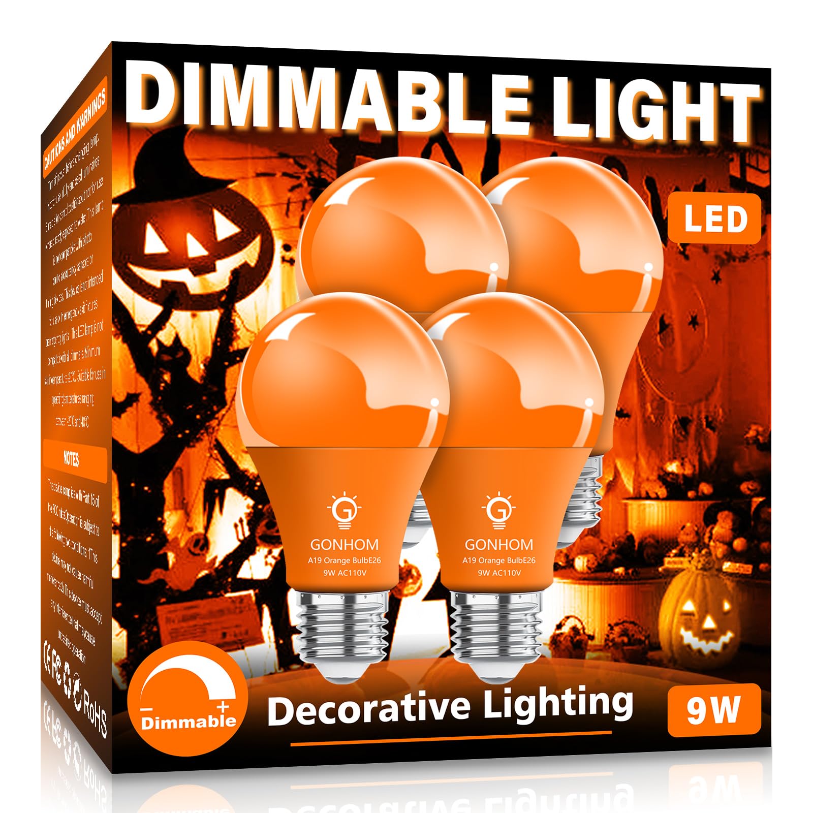 Gonhom 4 Pack A19 Led Orange Light Bulbs, 9W Equivalent For Halloween & Party Decoration