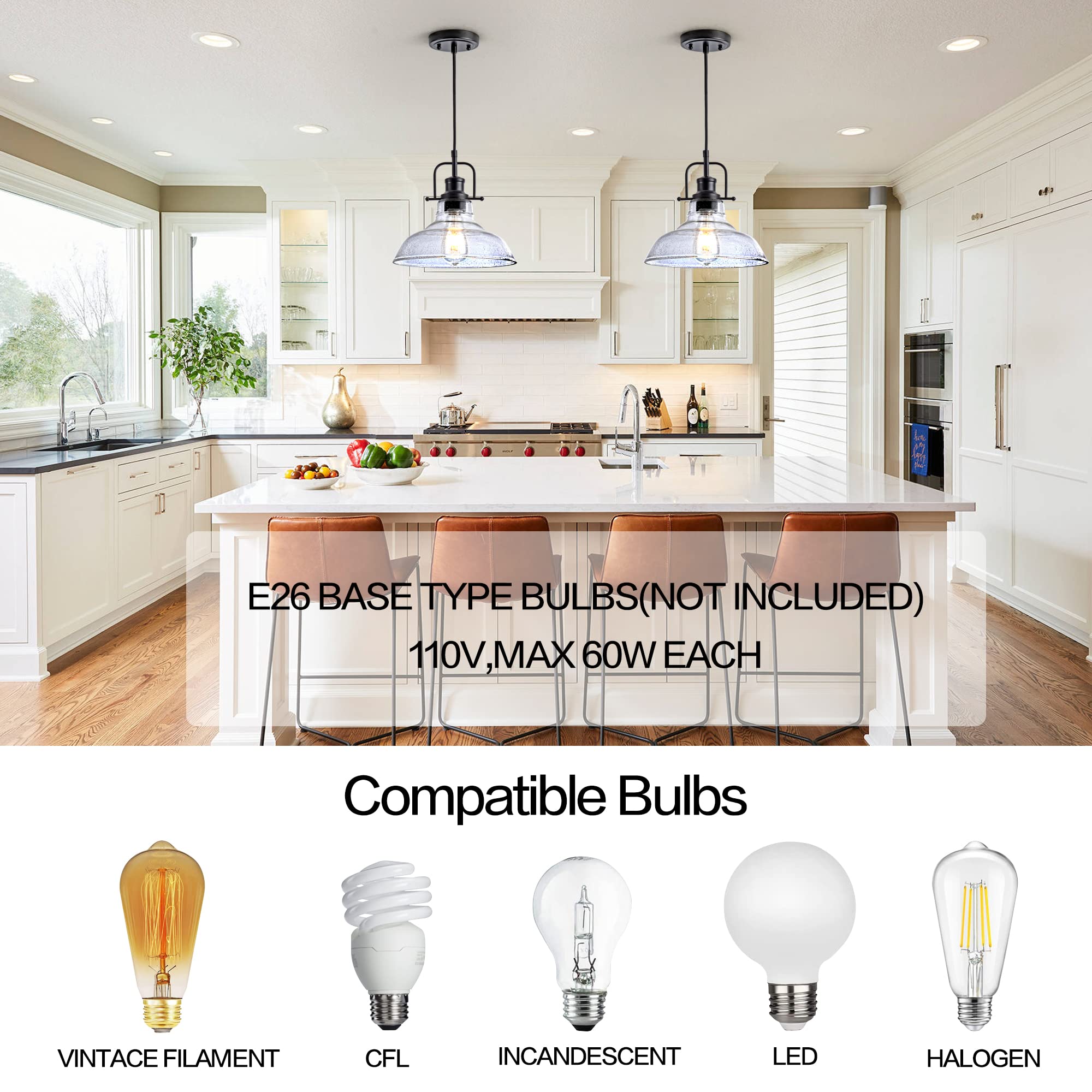 Zlepmlla Black Industrial Pendant Light, 1-Light with Clear Bubble Glass Shade, Adjustable Cord, Model 8726-1P for Kitchen & Dining Room