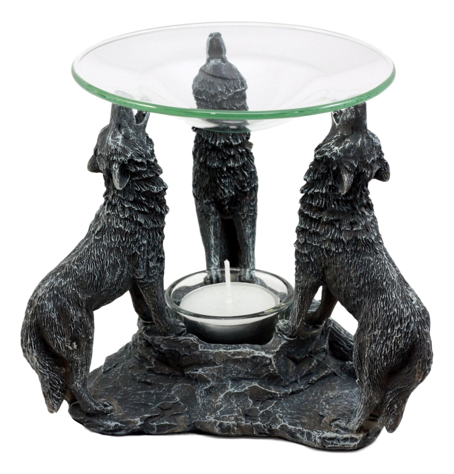 Ebros Gift Moonlight Three Howling Wolves Oil Warmer Or Wax Tart Burner Aroma Scent Diffuser Statue Faux Stone Resin Wolf Themed Decorative Figurine