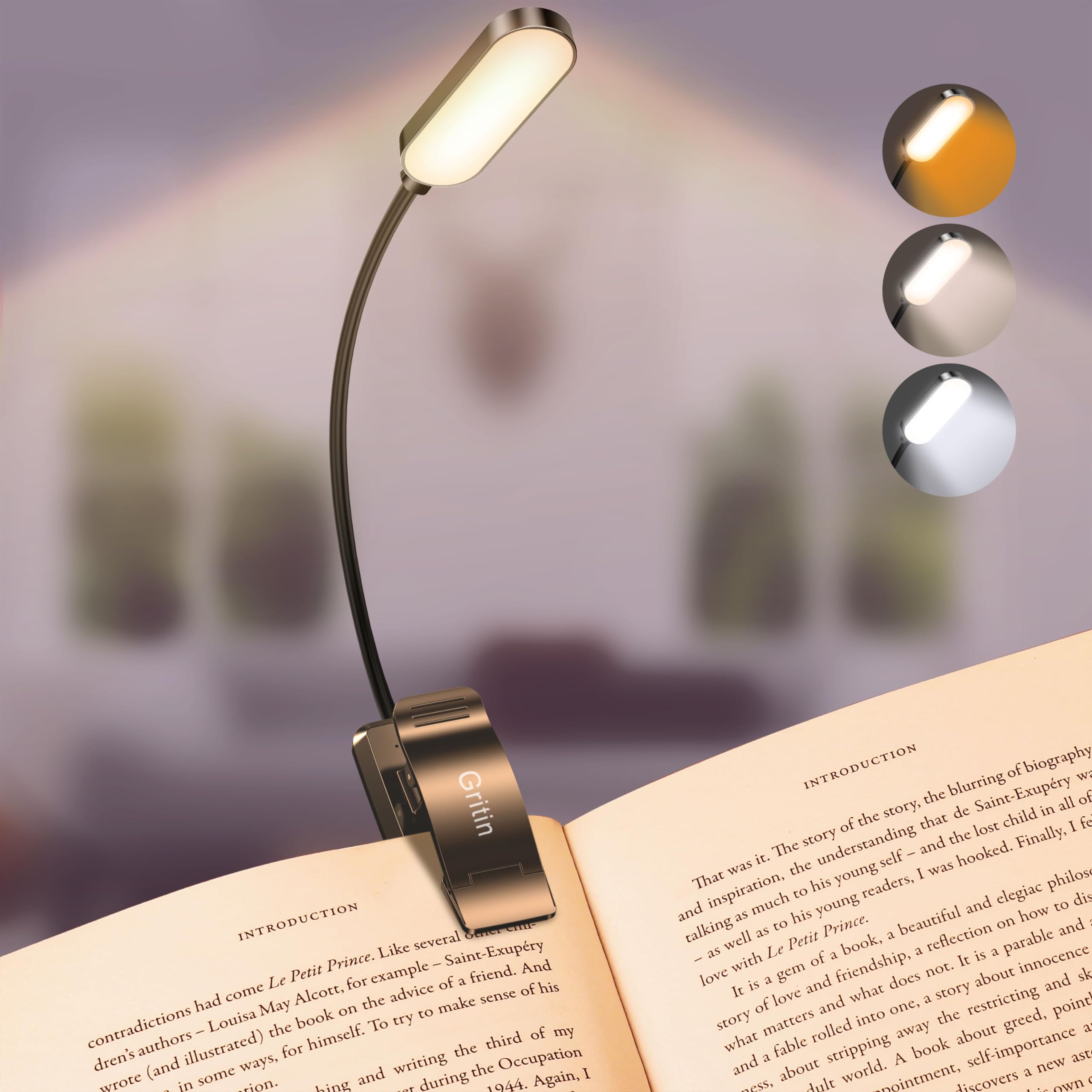 Gritin 16 LED Rechargeable Book Light - Eye-Caring, 3 Color Temperatures, Stepless Dimming, Flexible Clip, Black, Model GM1331
