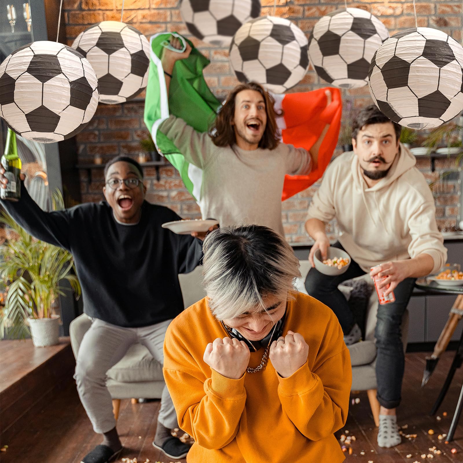 Uniqooo 6Pcs Soccer Ball Football Sports Paper Lantern Set, 12 Inch Extra Large, Ceiling Hanging Japanese Lantern Decoration, For Home Bar Fifa World Cup Fan Game Day Birthday Party Favor Garland