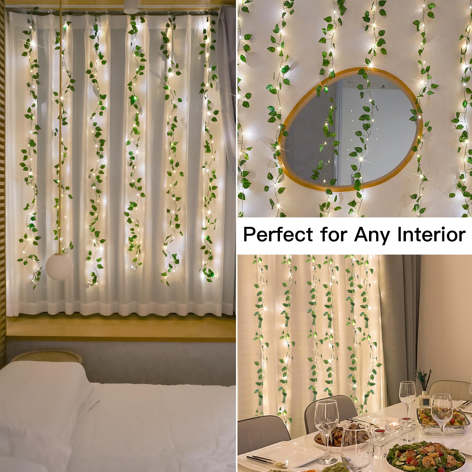 suddus 200 LED Fairy Lights with Vines, 6.5ft x 6.5ft, Pothos-Warm White, USB Powered, Model SDC-200PVCU