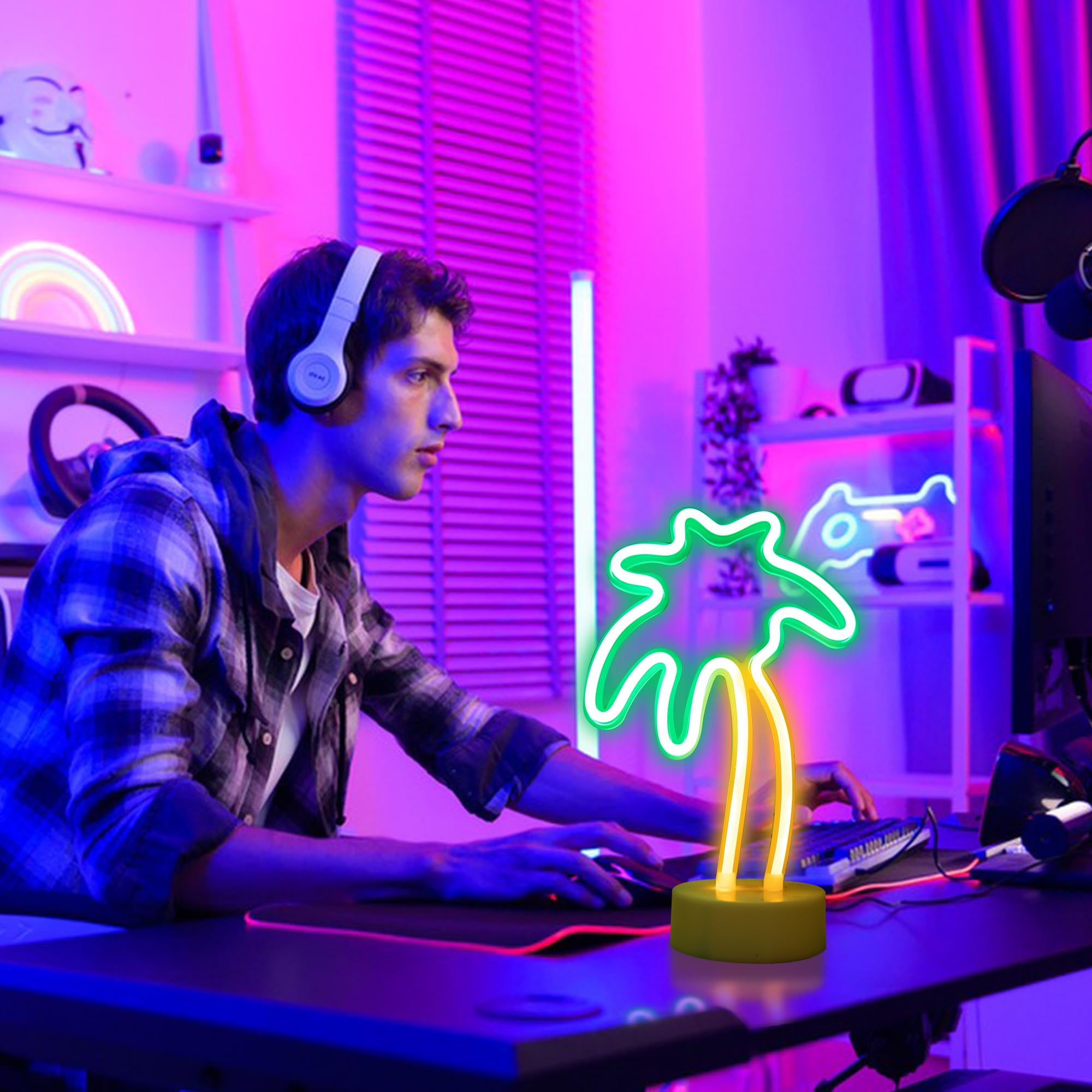 ENUOLI Neon Light Coconut Palm Tree USB Powered LED with Holder Base, Small, Tree Color, Model yNH.Z013