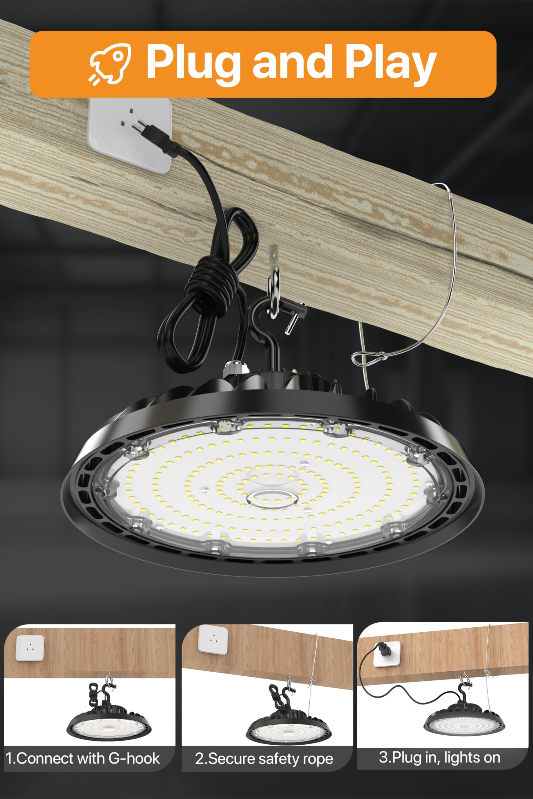 Pvilub High Bay Led Shop Lights: 150W 21000Lm Ufo Led High Bay Light With Us Plug, 120-277V, Ip65 Commercial Bay Lighting, High Bay Led Lights For Garage Workshop Warehouse Factory Barn 2Pack