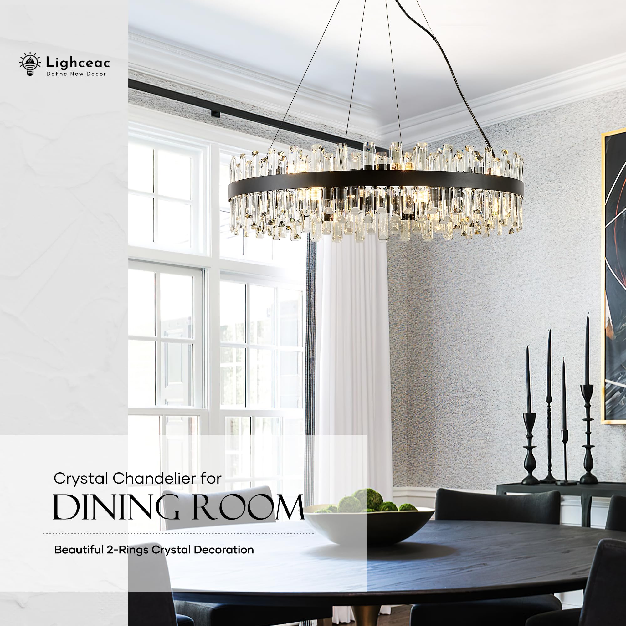 lighceac 31.9" Black Crystal Chandelier Light Fixtures, 16-Light Modern Pendant for Dining Room, Kitchen, Entryway, Model LX-2409-16B