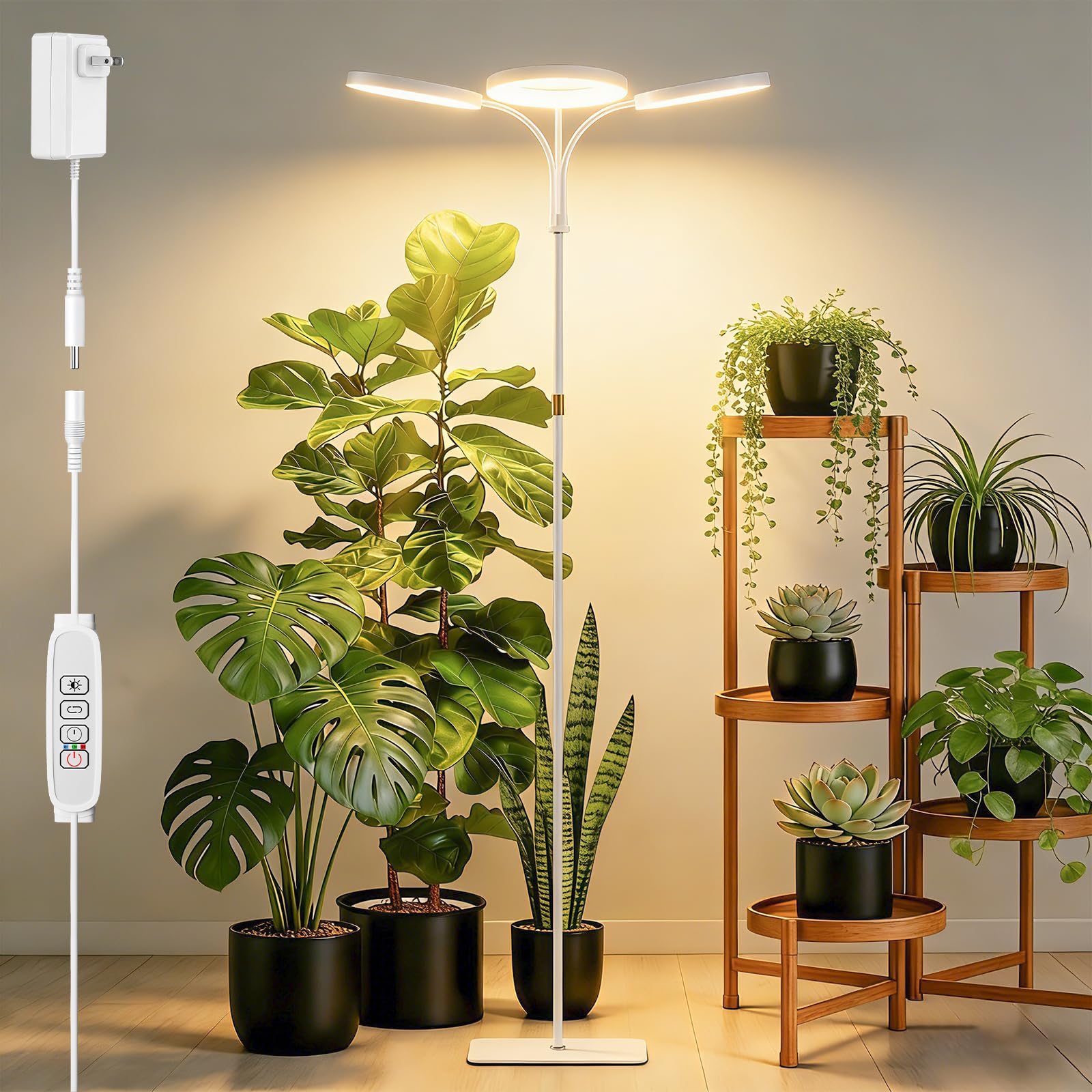 SDOVUERC Full Spectrum Grow Light with Stand for Indoor Plants, Floor Plant Light, 6/12/18H Timer, 3 Color Modes, Adjustable Hei