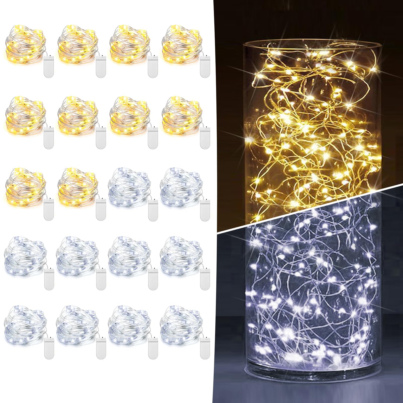 20 Pack Fairy Lights Battery Operated 7ft 20 LED Mini String Lights Twinkle Lights Silver Wire Firefly Starry Lights for Mason Jars Wedding Party Christmas Centerpiece Decor  Warm White & Cool Whtie