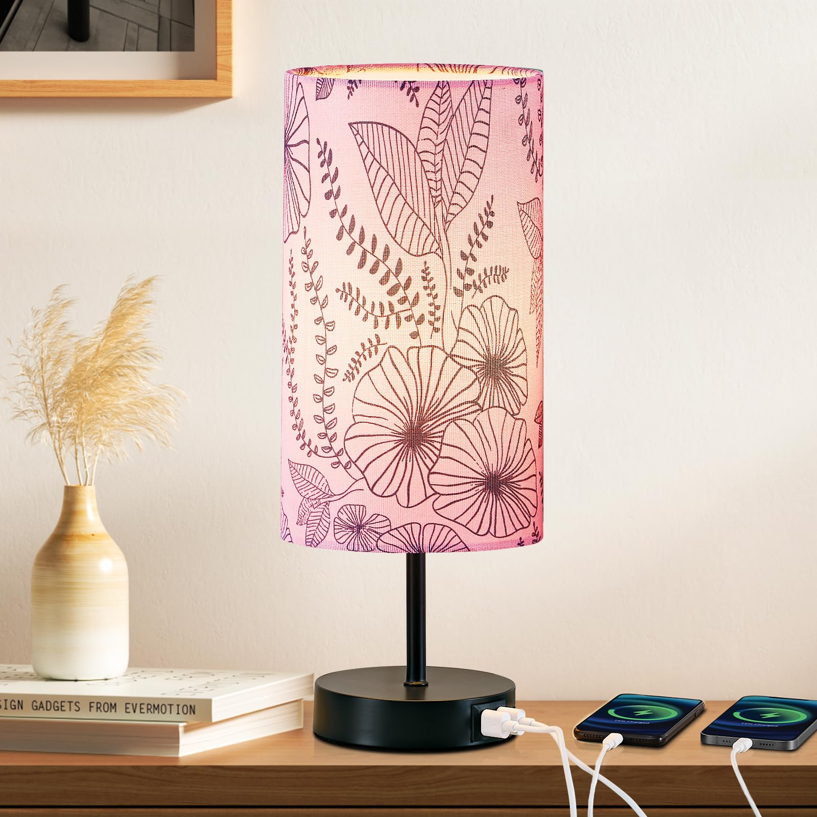 Bedside Table Lamp, Modern Touch Control Desk Lamp with 2 USB Ports & Round Flower Linen Fabric Shade, 3 Way Dimmable Small Nigh