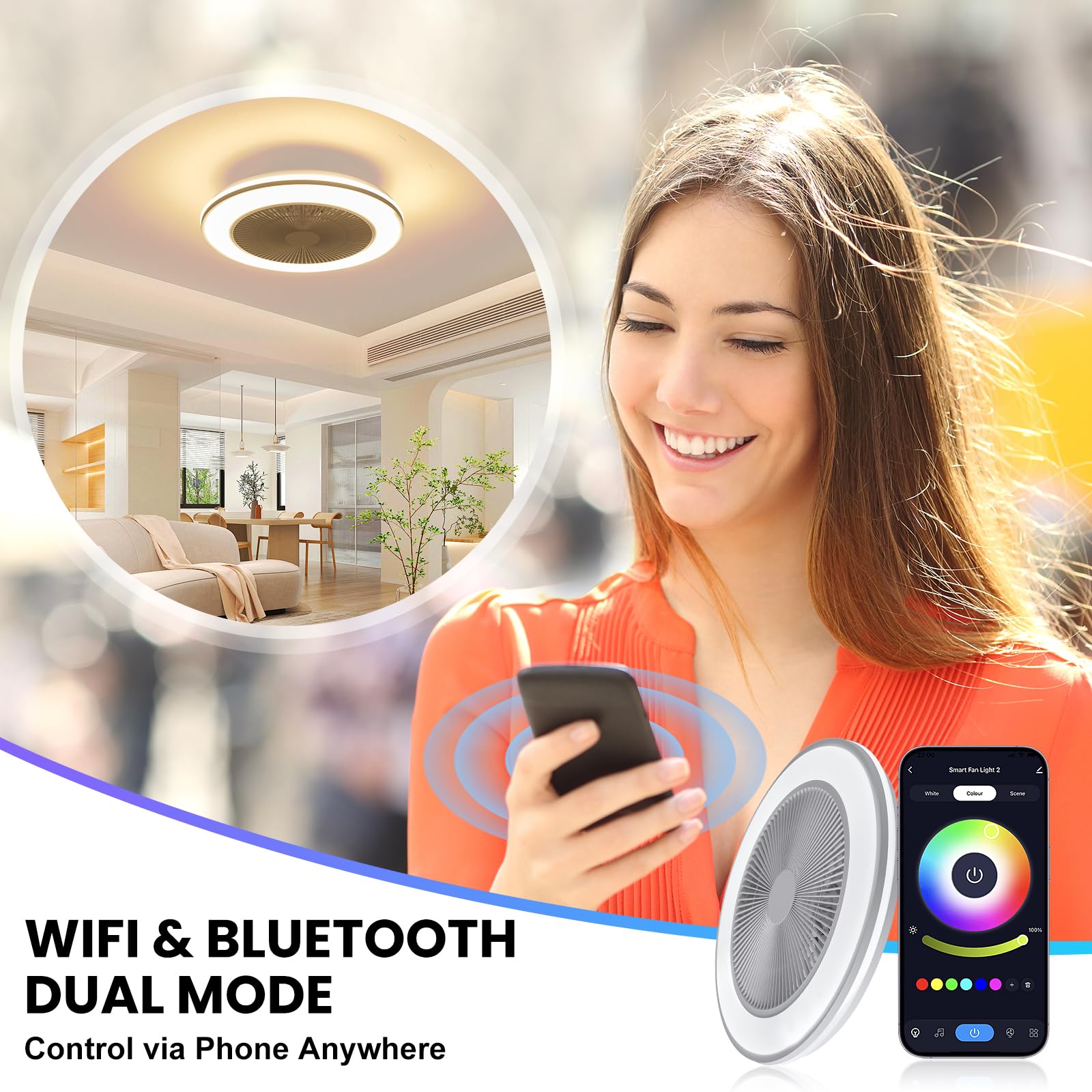 BESTECCT Smart WiFi & Bluetooth 20" RGB Ceiling Fan with Lights, Remote, 3000K-6000K, White, Model CLF40-white0003