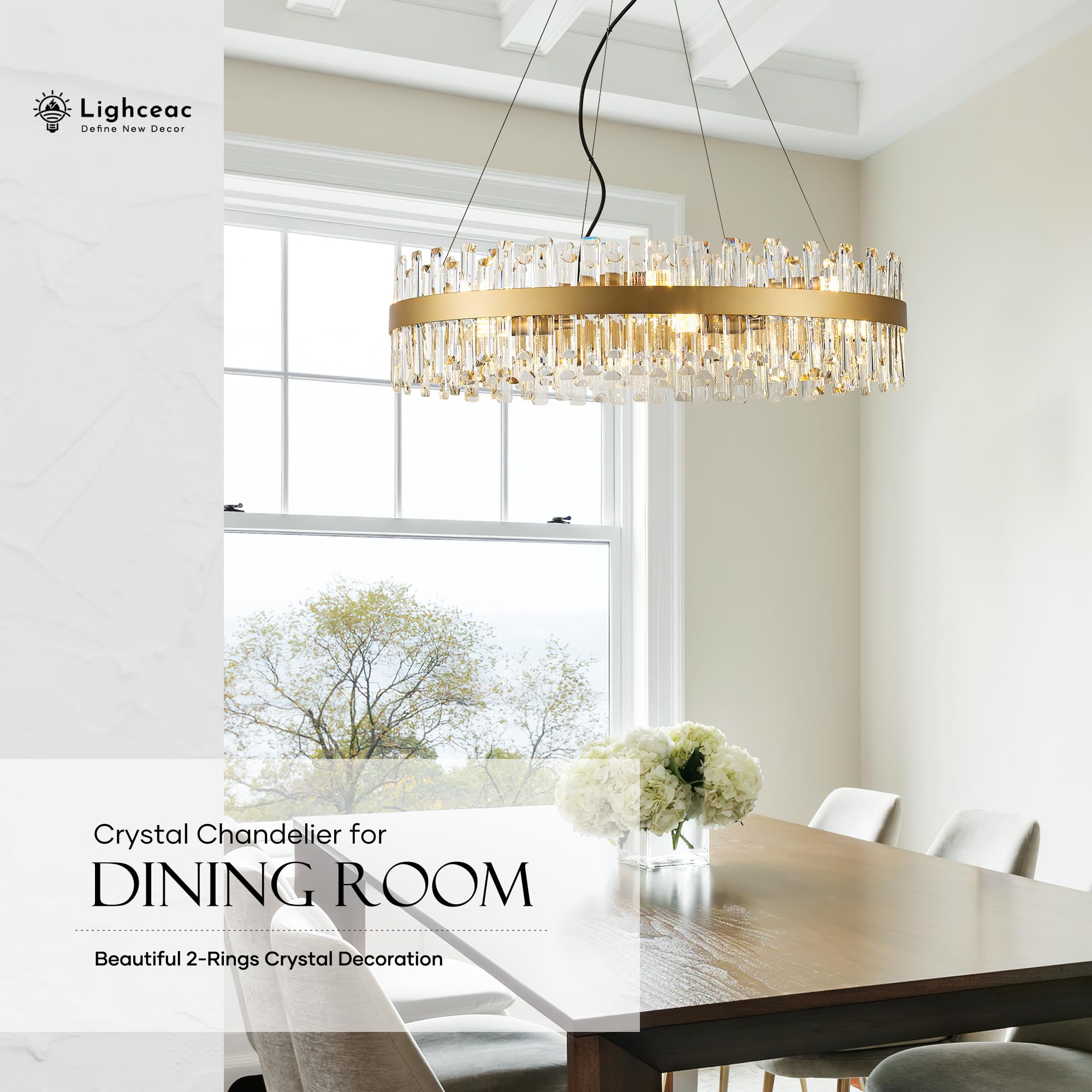 lighceac 31.9" Gold Modern Crystal Chandelier - 16-Light Luxury Pendant for Dining Room, Kitchen, Living Room, Model LX-2409-16A