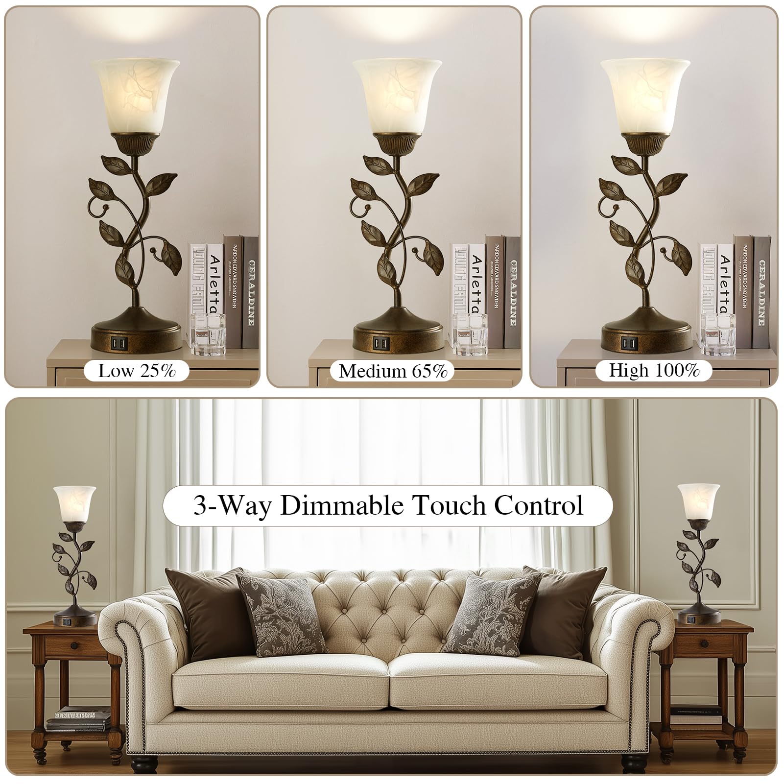 Roriano Set Of 2 Touch Farmhouse Bedroom Table Lamps, Nightstand Vintage Flower Lamps With 2 Usb Ports, 3 Way Dimmable Leaf Lamp